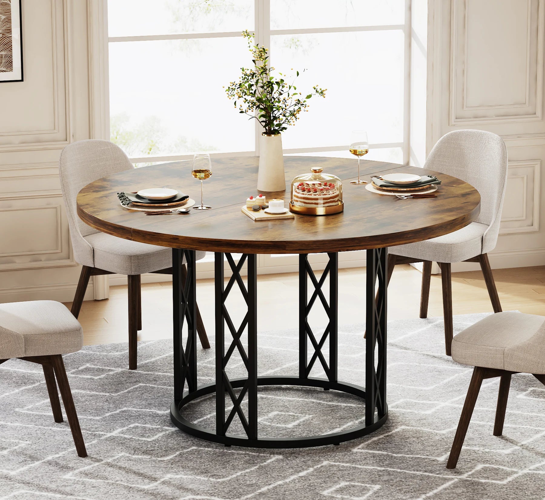 Walnut Round Dining Table with Sculptural Metal Pedestal for 4-6 — 47in