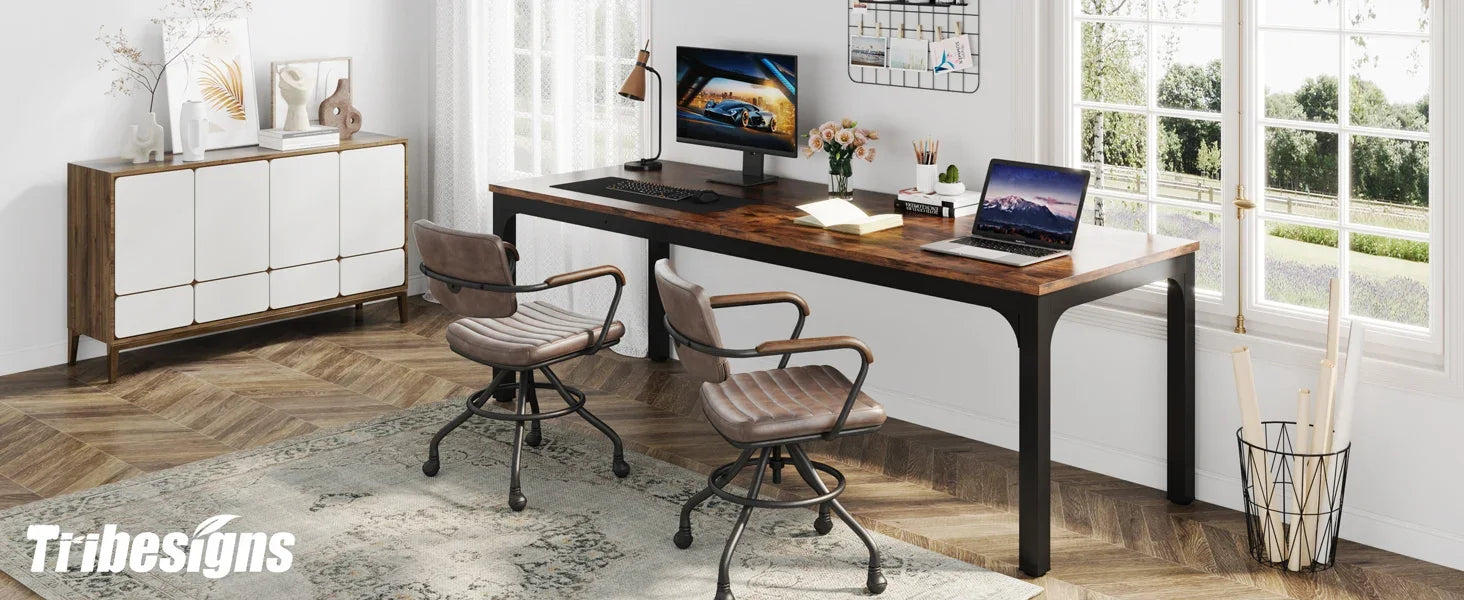 Industrial Wood Computer Desk with Steel Frame for Two-Person Home Office — 78.7"