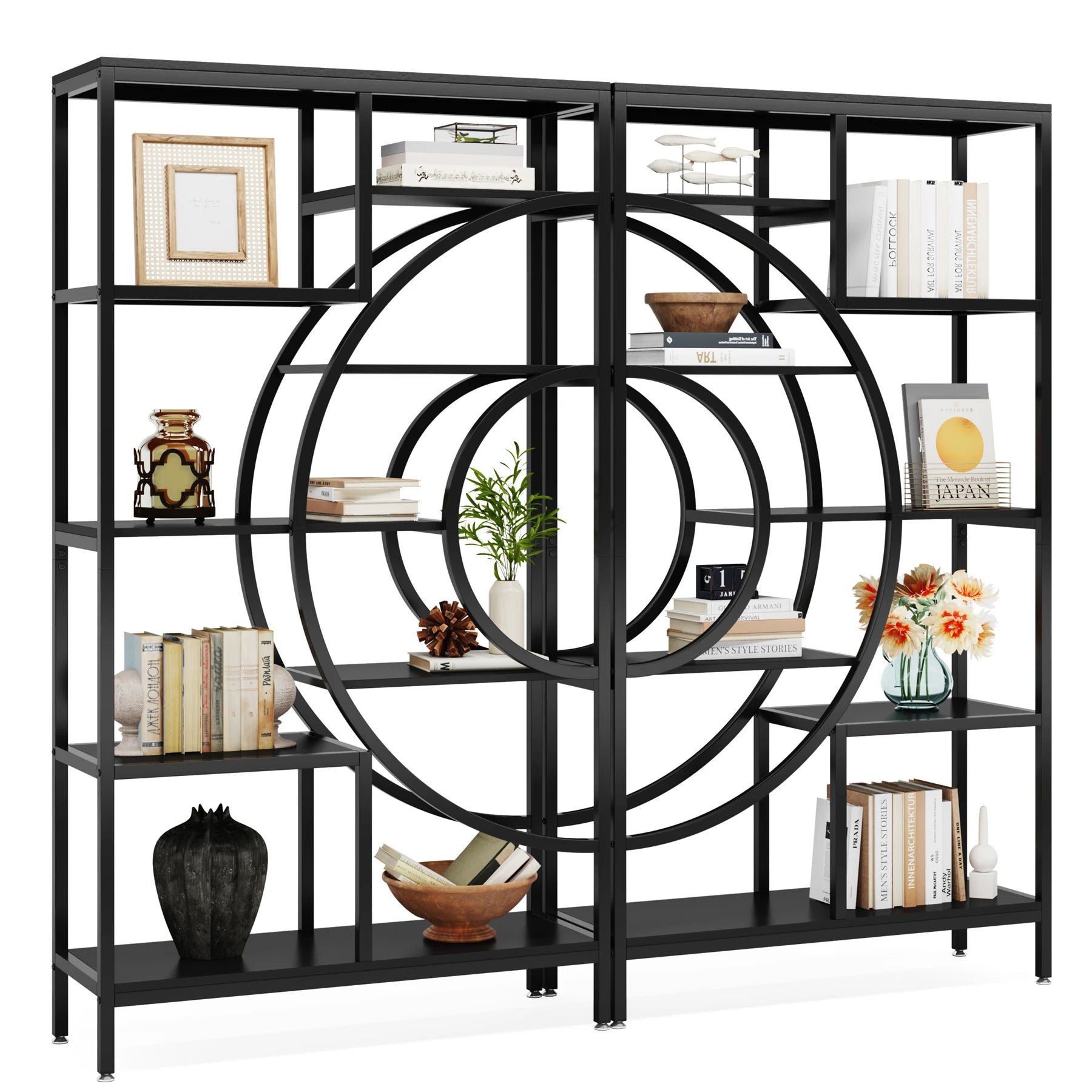 Industrial Etagere Bookcase with Curved Arc for Living Room — 71" Tall Freestanding
