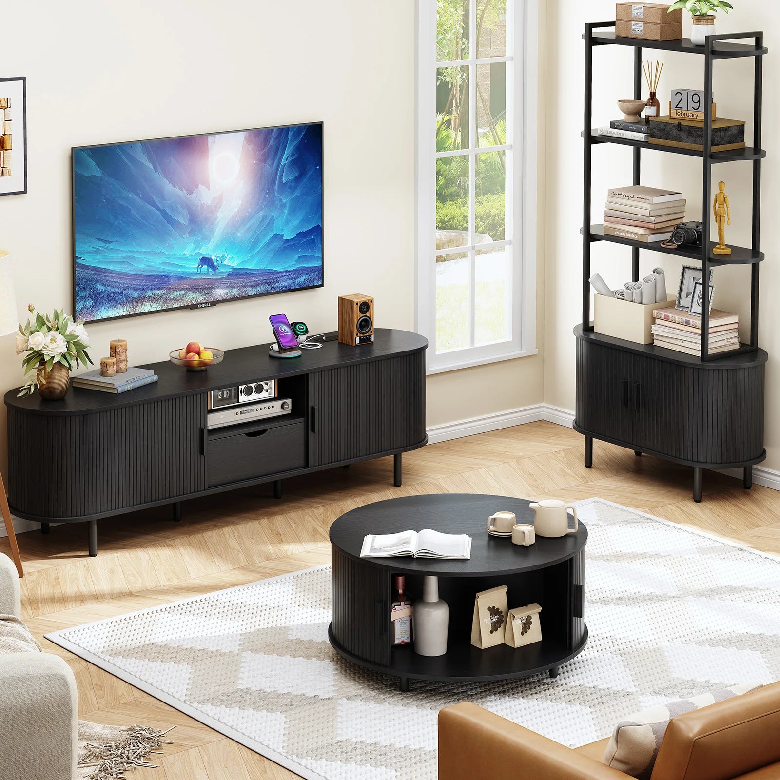Mid-Century TV Stand for 80" TV — Fluted Walnut Media Console with Storage & Sliding Doors