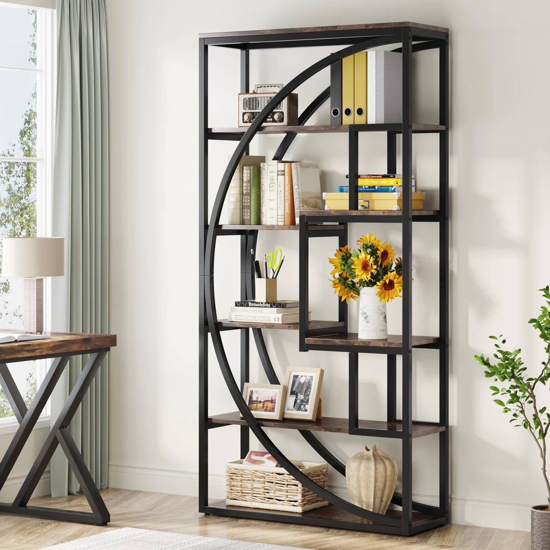 Industrial Etagere Bookcase with Curved Arc for Living Room — 71" Tall Freestanding