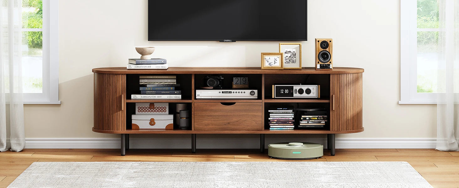 Mid-Century TV Stand for 80" TV — Fluted Walnut Media Console with Storage & Sliding Doors