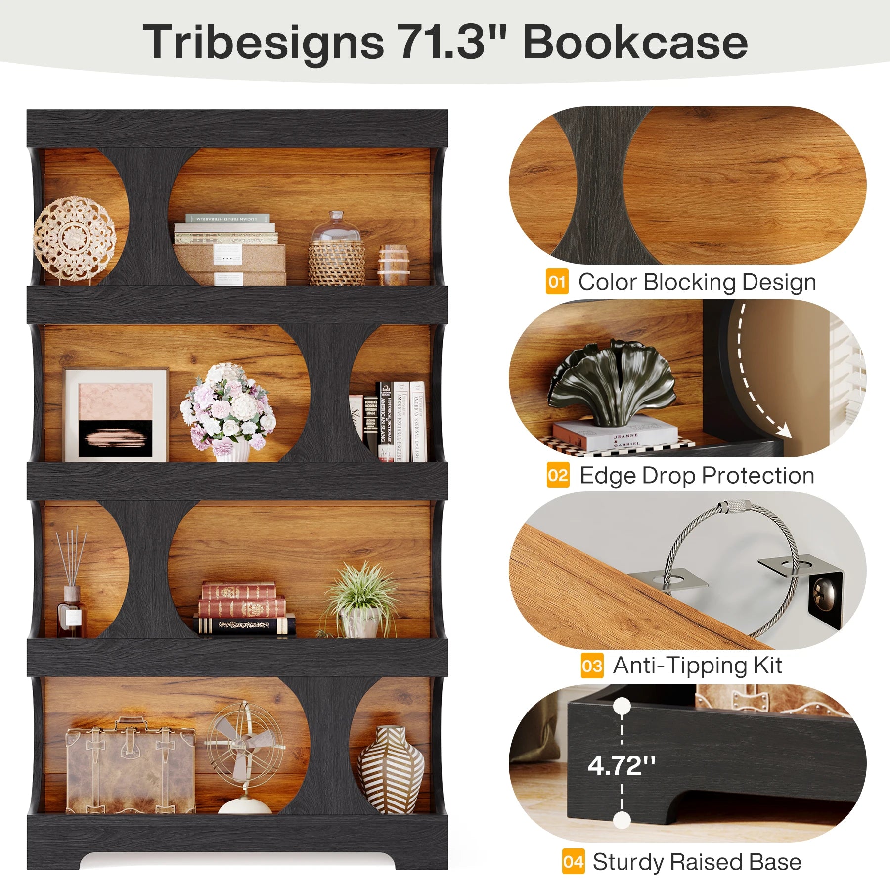 Two-Tone Curved Bookcase with Sculptural Cutout Shelves for Living Room — 71" Tall, 4 Tiers