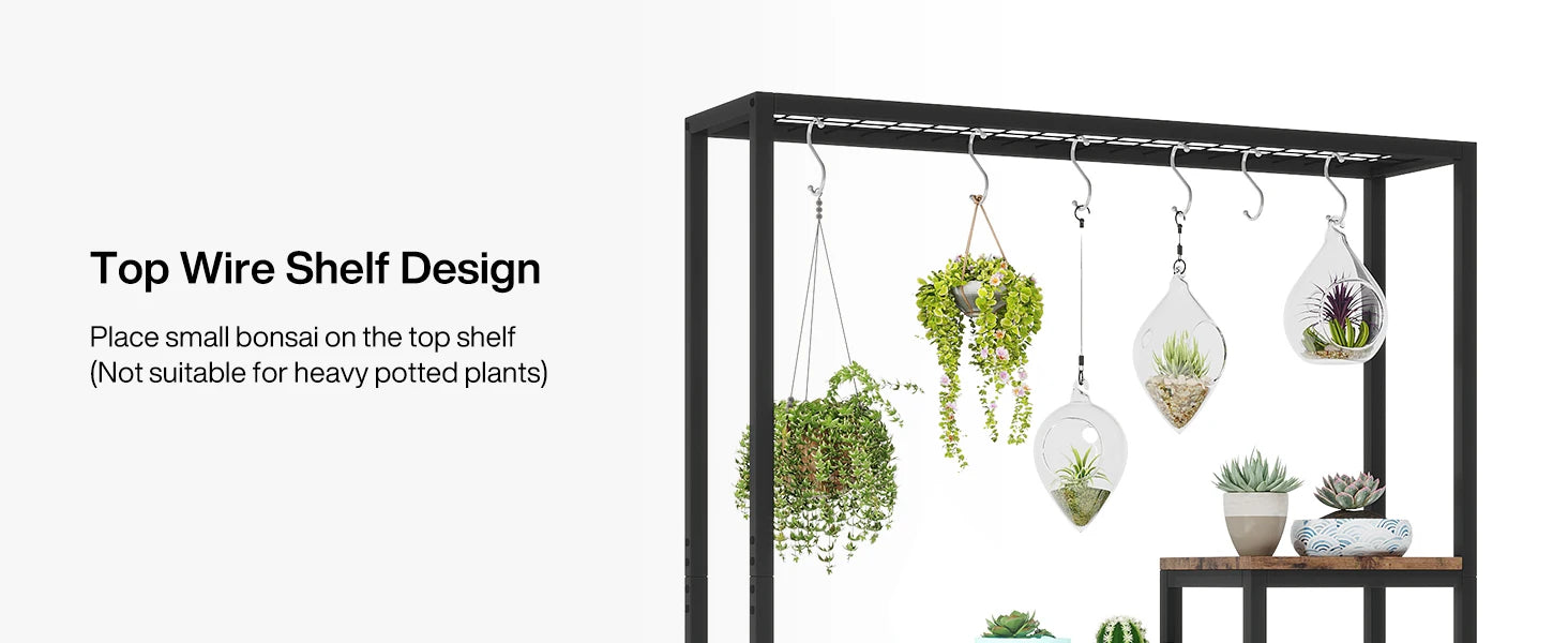 Industrial Metal Plant Stand with Hanging Hooks for Living Room — 5-Tier, 70.9in Tall