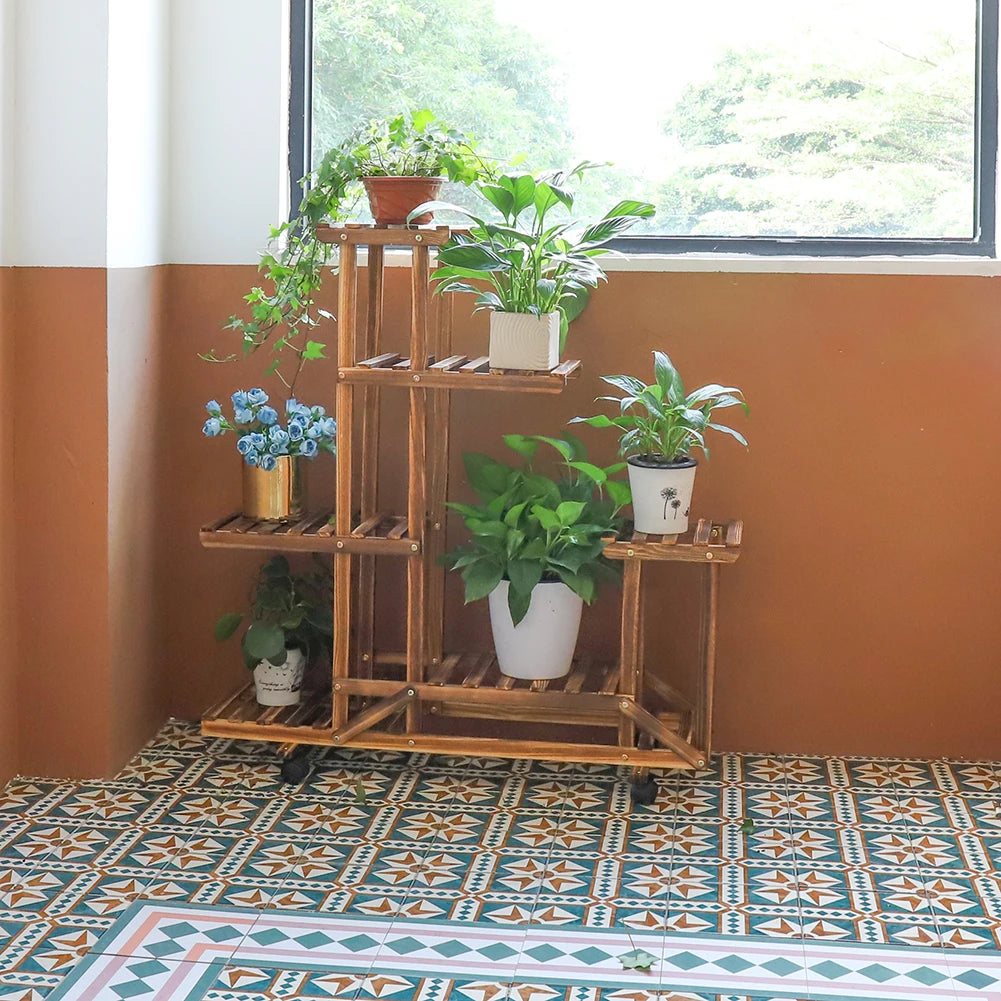 Carbonized Pine Plant Stand with Wheels for Living Room — 6-Tier Rolling Display