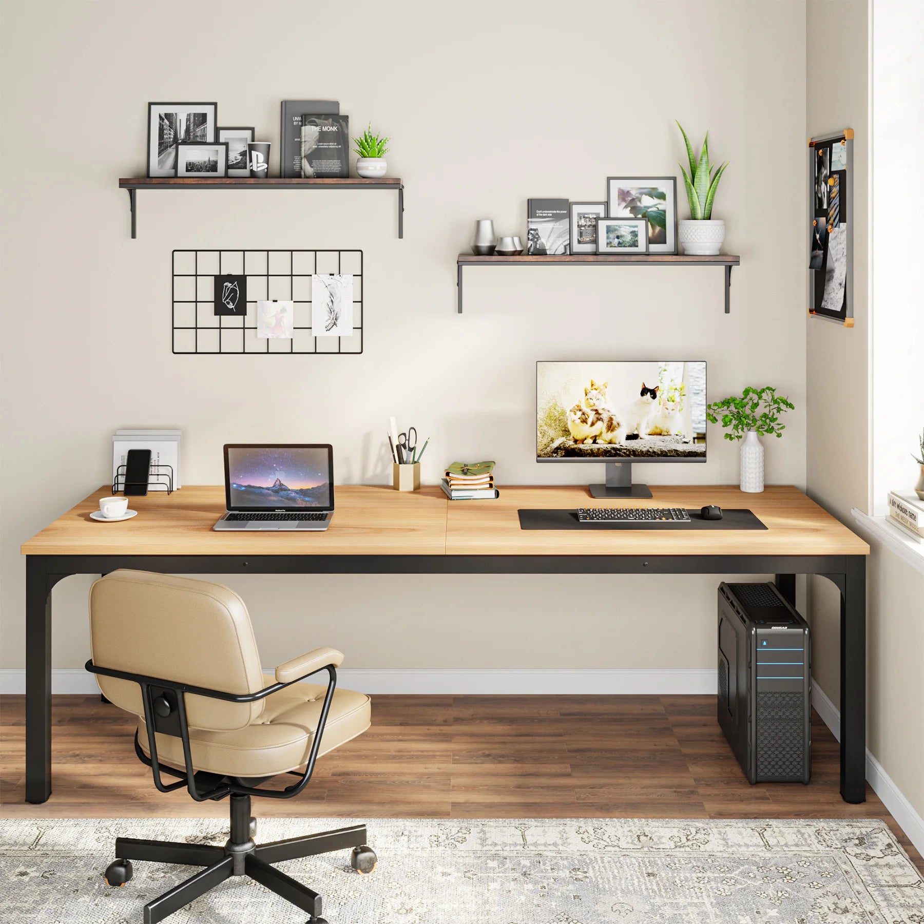 Industrial Wood Computer Desk with Steel Frame for Two-Person Home Office — 78.7"