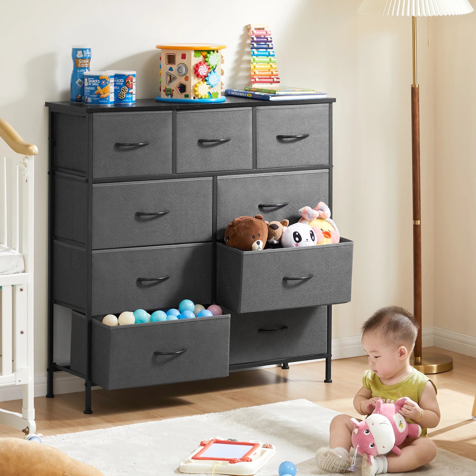Rustic Wood-Look Dresser with 9 Fabric Drawers for Bedroom — Tall Industrial Chest