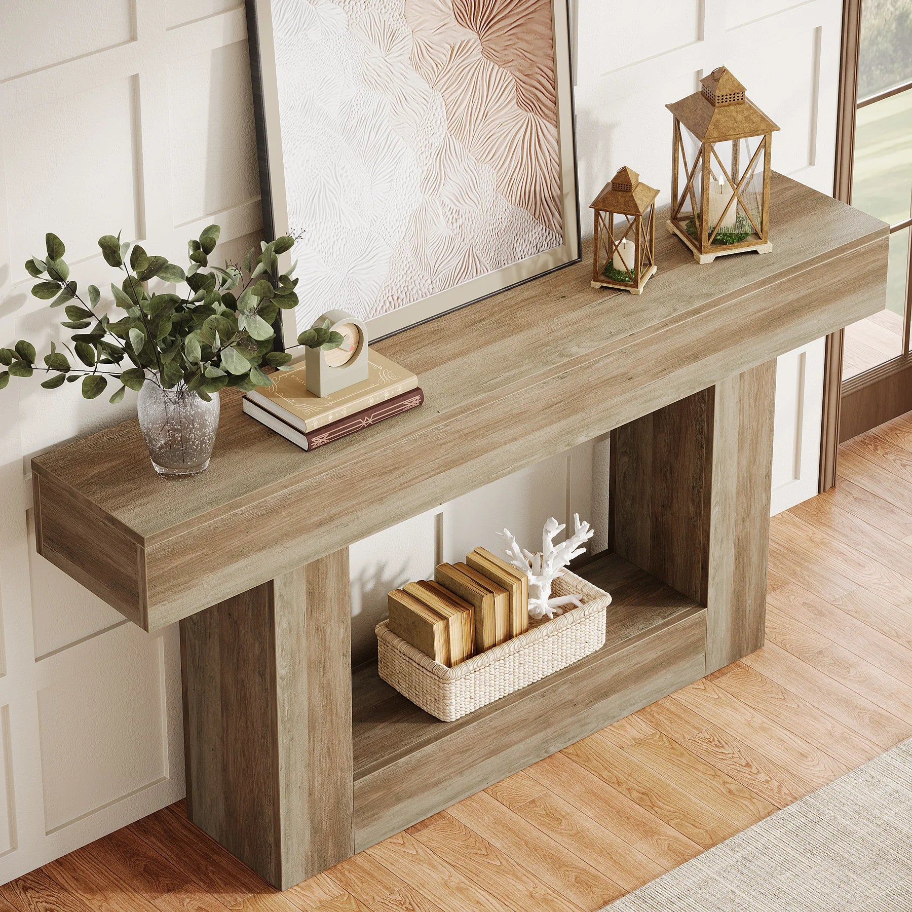 Two-Tone Farmhouse Console Table with Lower Shelf for Entryway — 63"