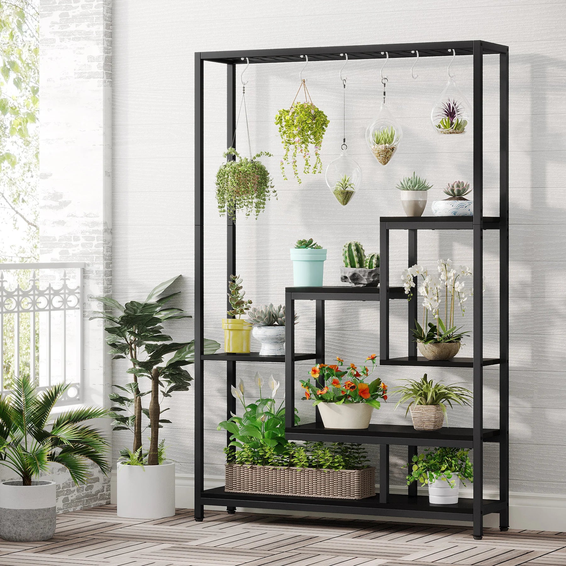 Industrial Metal Plant Stand with Hanging Hooks for Living Room — 5-Tier, 70.9in Tall