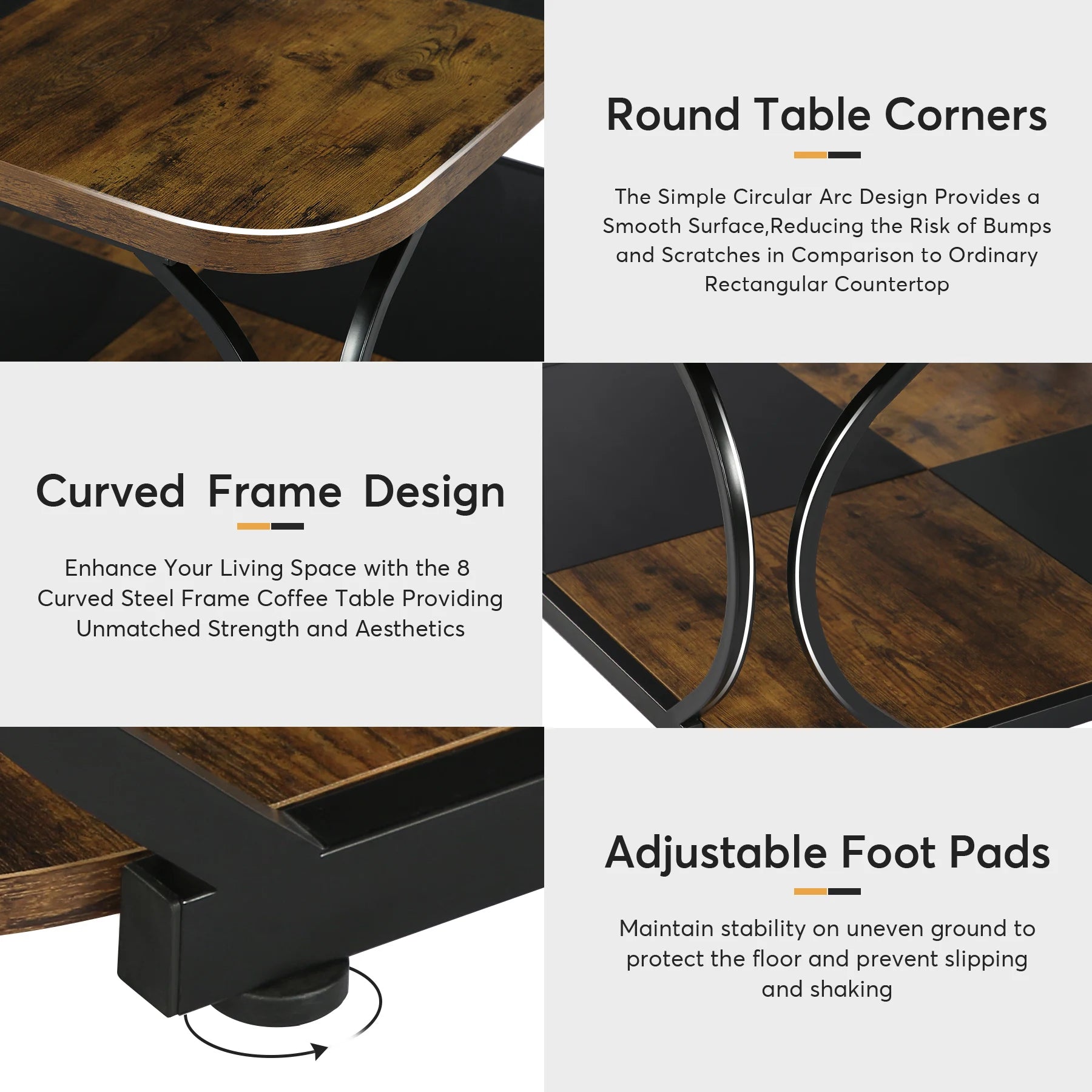 Two-Tone Wood Coffee Table with Storage Shelf for Living Room — 40in Square, Curved Metal Frame