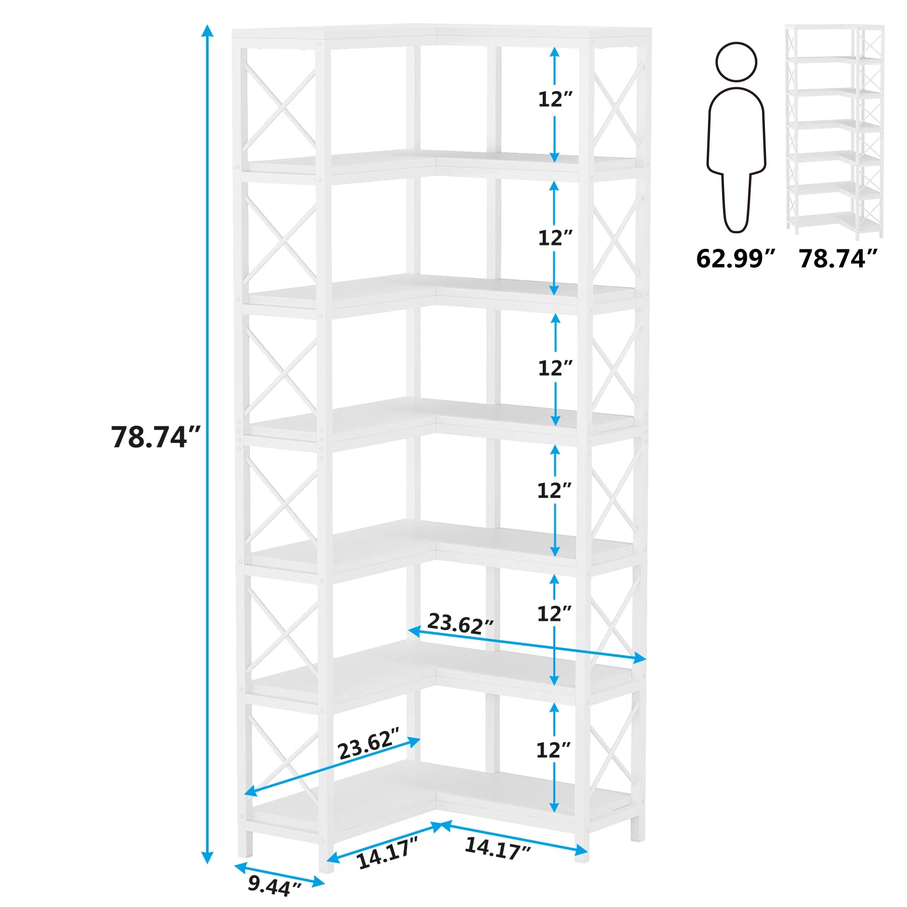 Industrial Corner Bookcase with 7 Shelves and Black Metal Frame for Living Room — 71" Tall