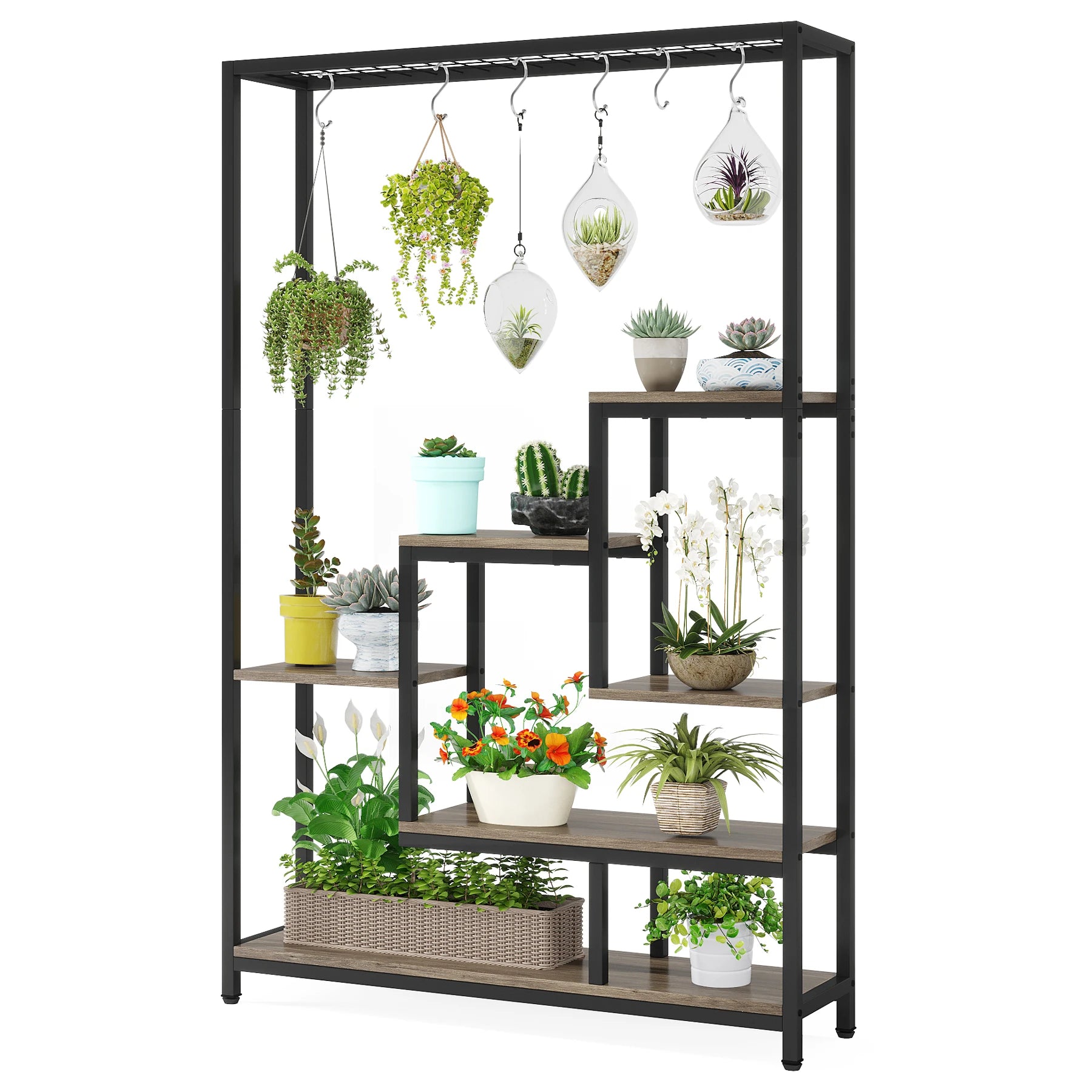 Industrial Metal Plant Stand with Hanging Hooks for Living Room — 5-Tier, 70.9in Tall