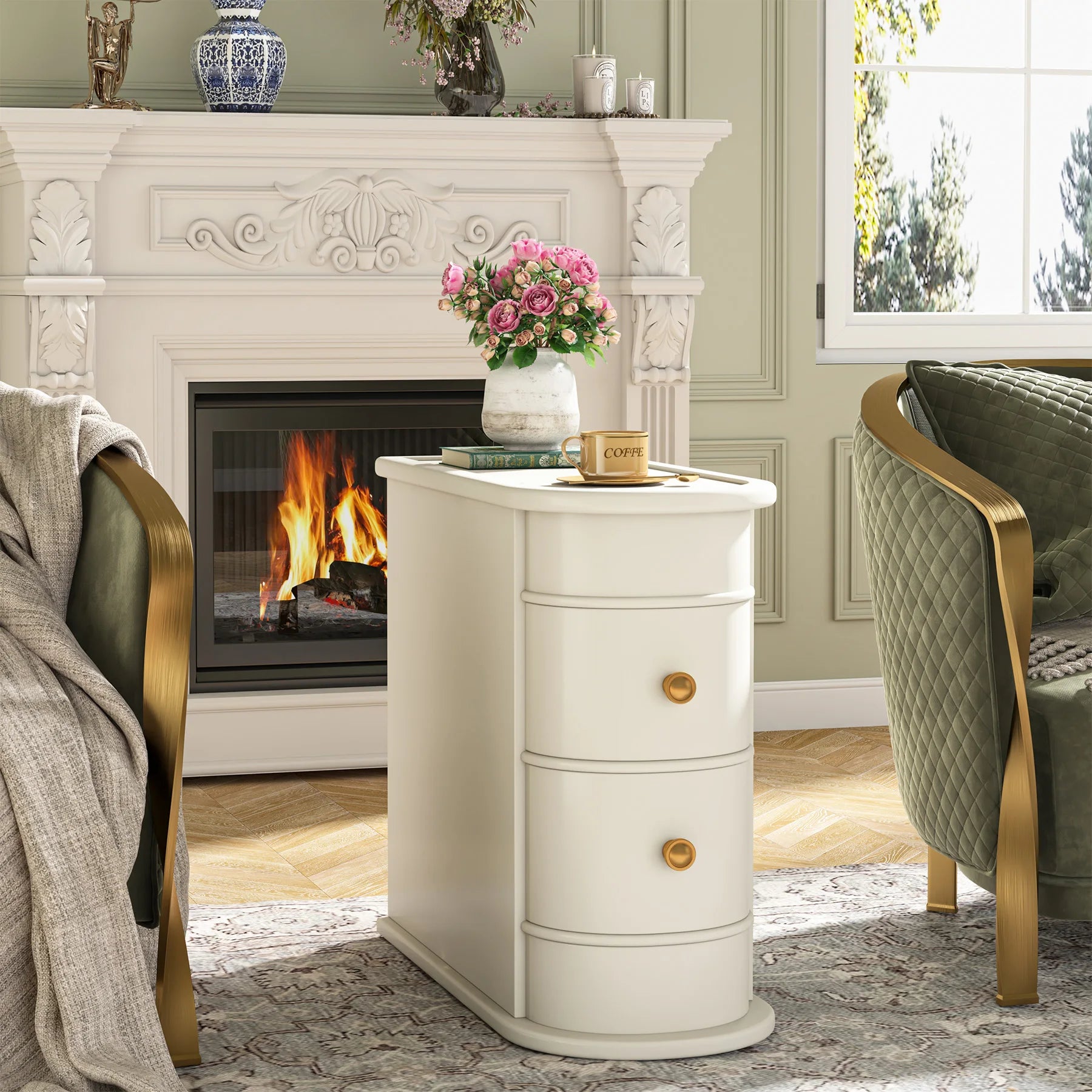 Solid Wood Narrow Side Table Nightstand with 2 Drawers for Living Room — 24" Tall