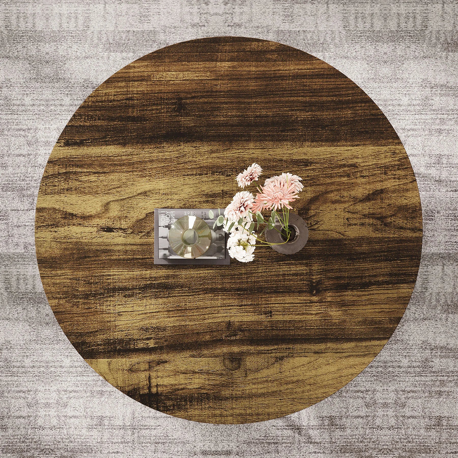 Round Industrial Coffee Table with Storage Shelf for Living Room — 31.7" Oak