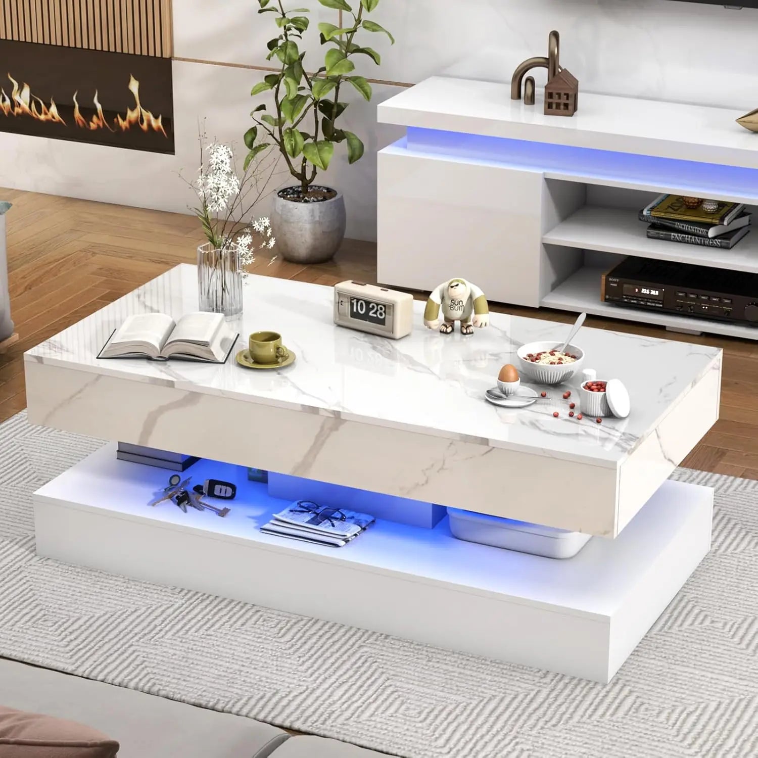 LED Coffee Table with Storage — Modern Faux Marble Coffee Table with Drawers for Living Room