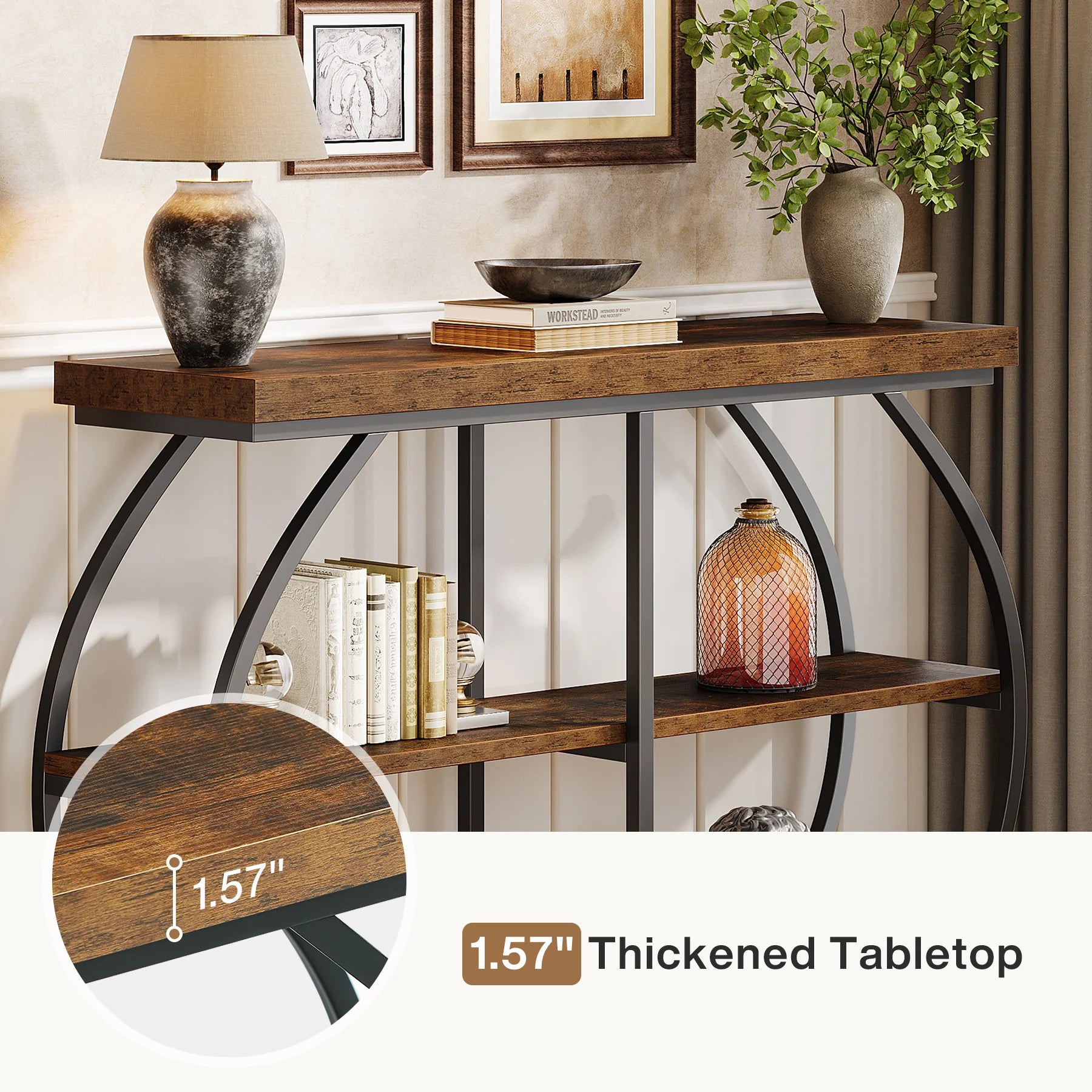 Rustic Industrial Console Table with Arched Metal Frame and 3 Storage Shelves for Entryway — 41 in