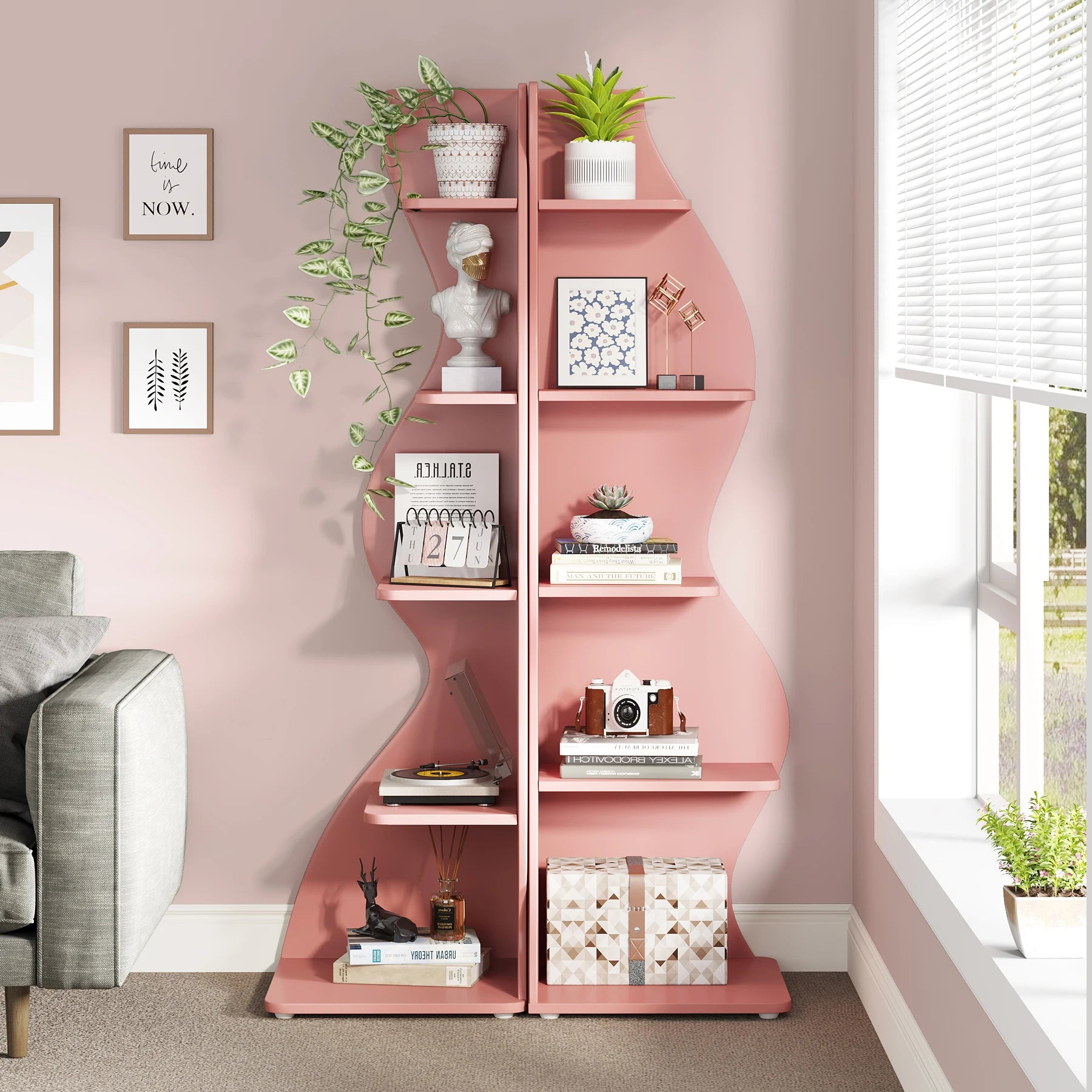 White Wave 5-Tier Corner Bookshelf with Curved Silhouette for Living Room — 65"H Floor Shelf