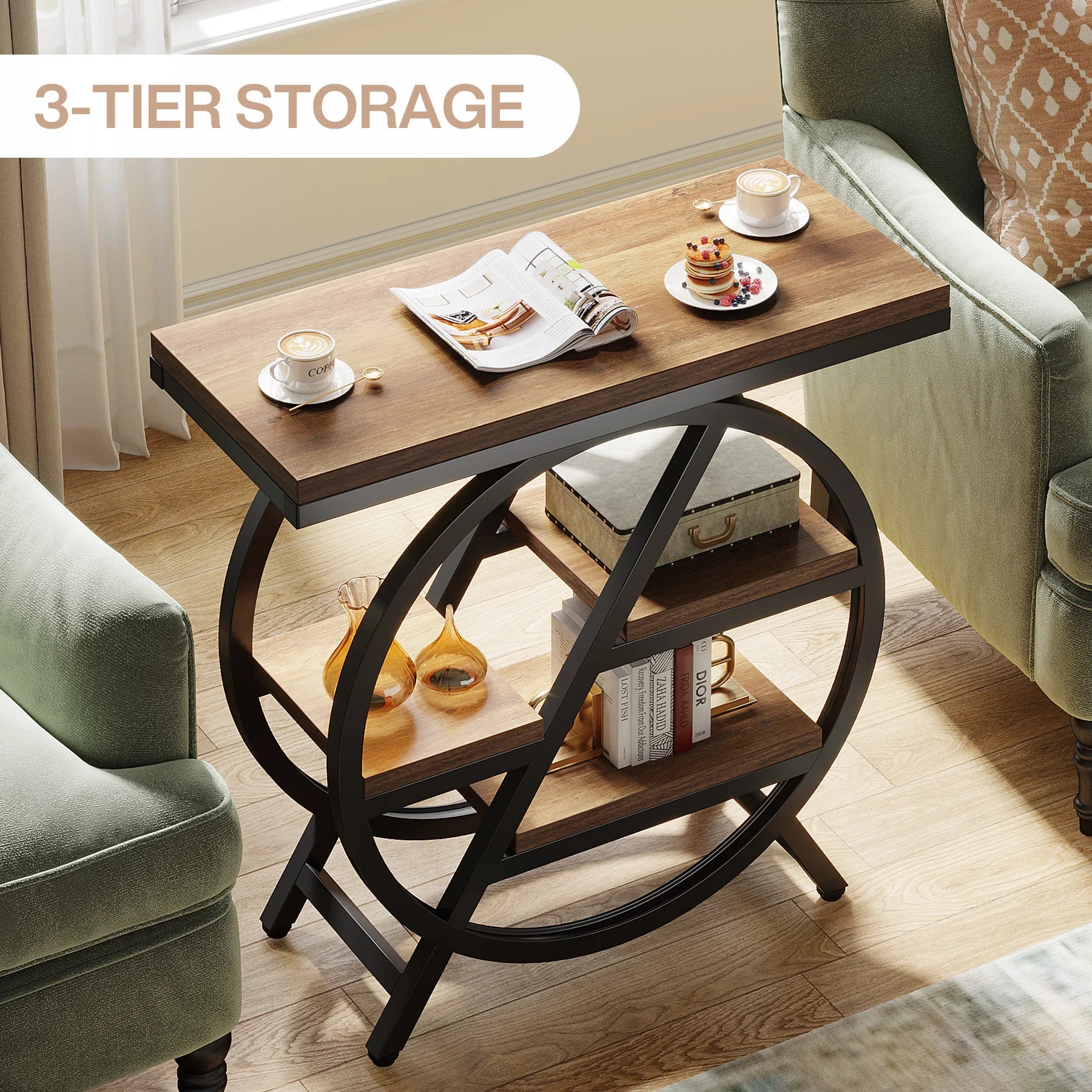 Rustic Wood 3-Tier Side Table with Round Metal Frame for Living Room — Narrow