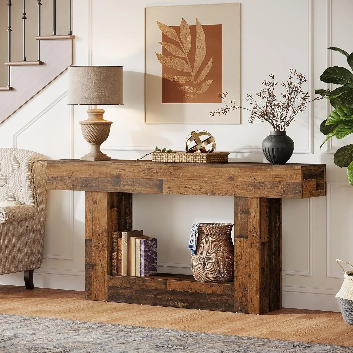 Two-Tone Farmhouse Console Table with Lower Shelf for Entryway — 63"