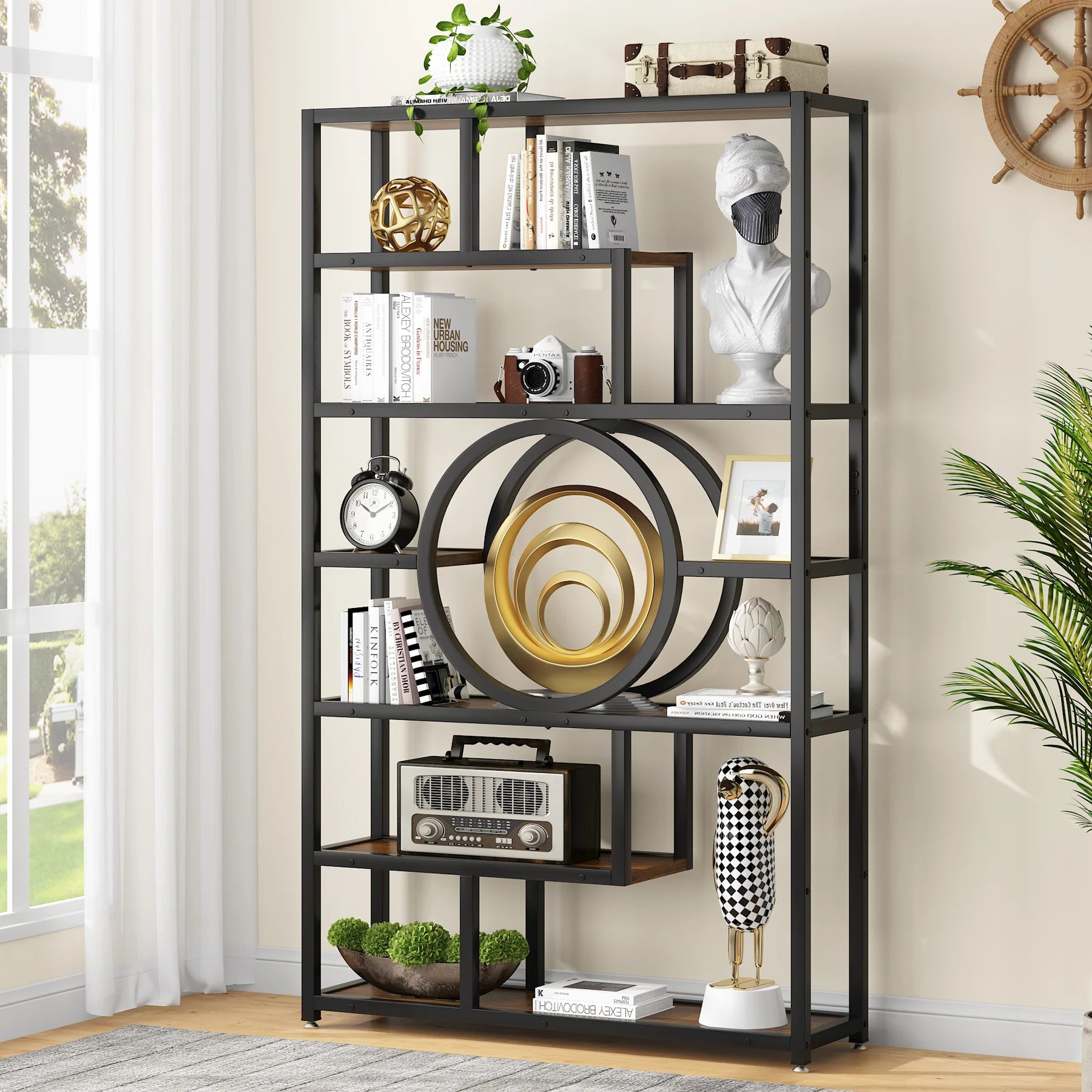 Industrial Etagere Bookcase with Curved Arc for Living Room — 71" Tall Freestanding