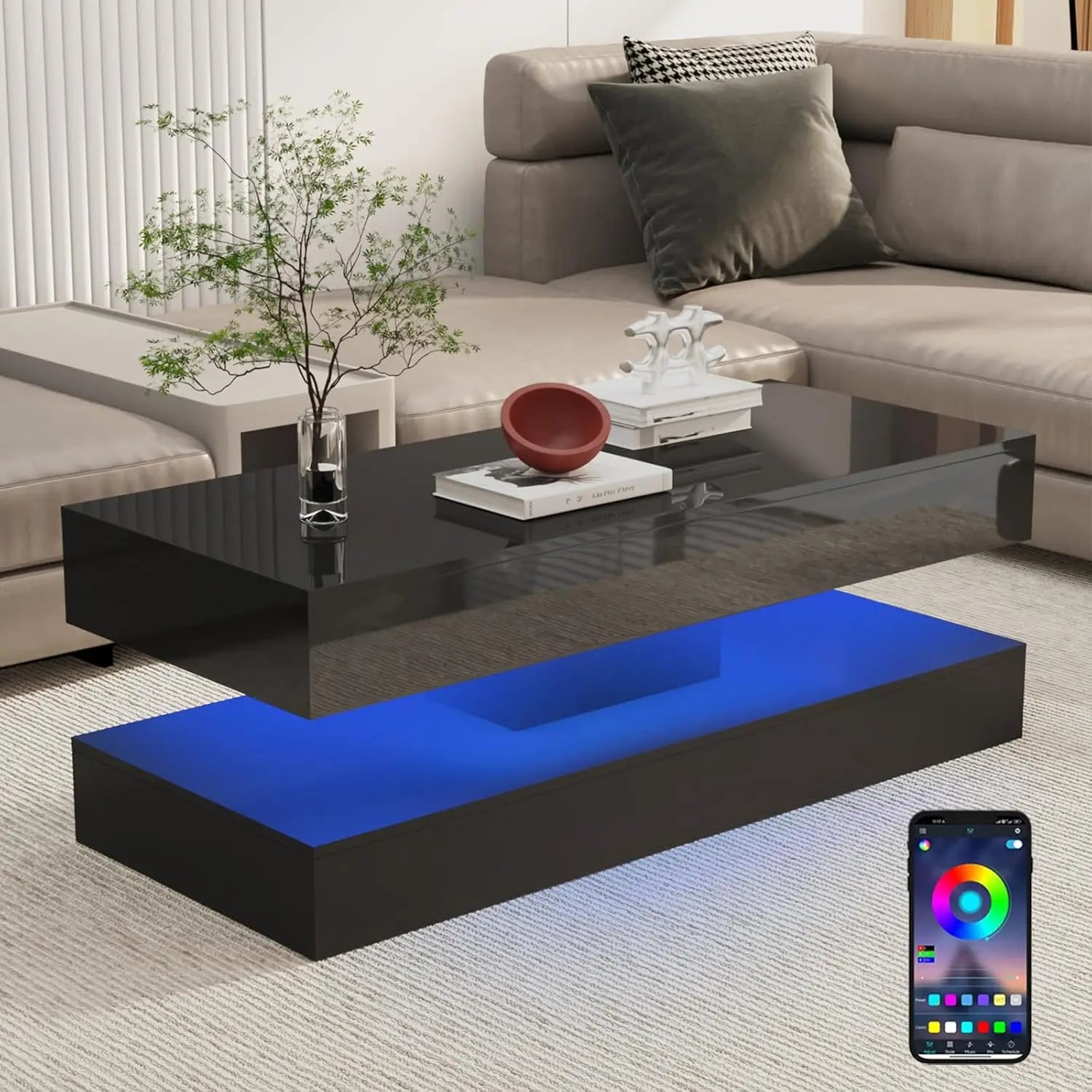 LED Coffee Table with Storage — Modern Faux Marble Coffee Table with Drawers for Living Room