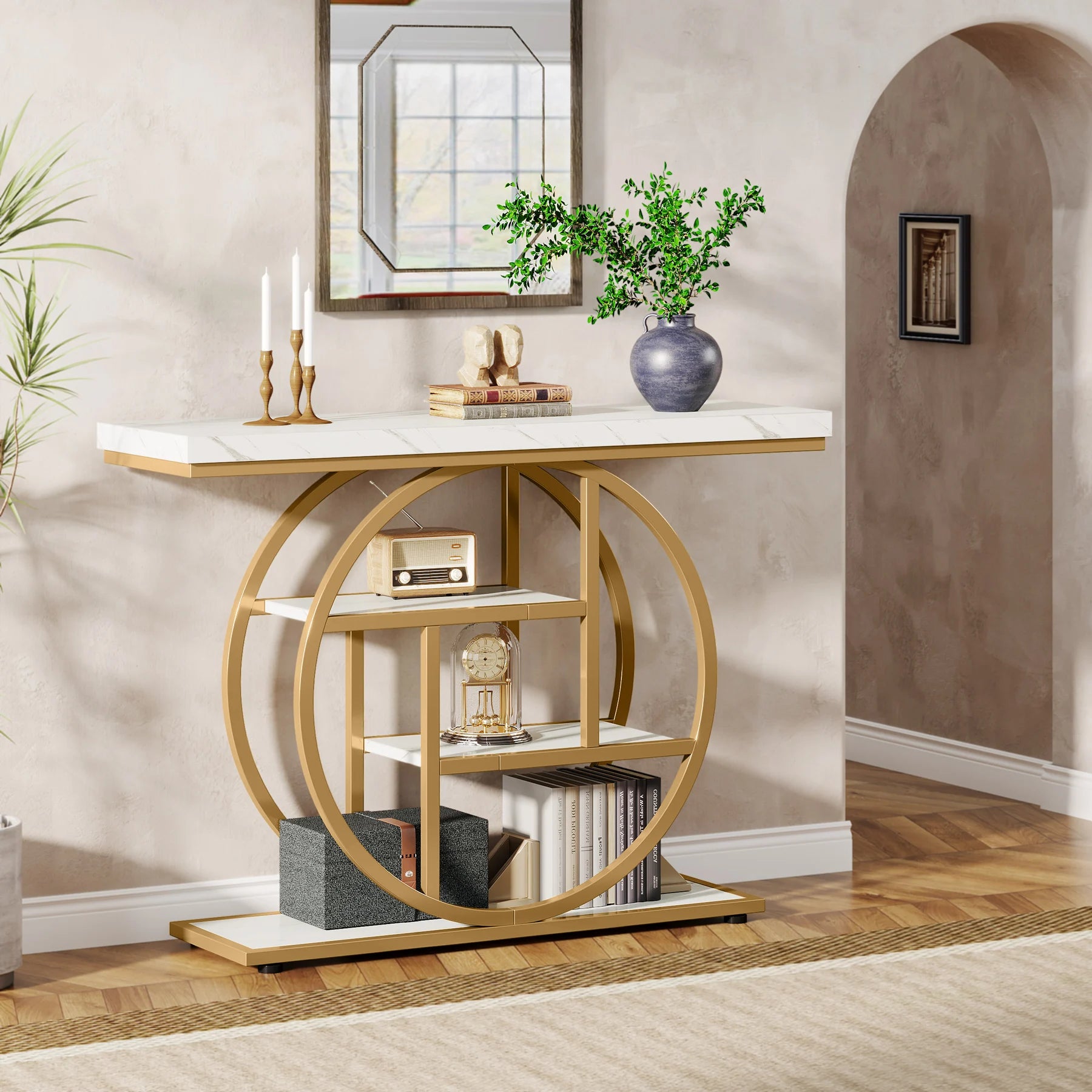 Faux Marble Gold Console Table with Storage Shelves for Entryway — 70" Behind-Sofa
