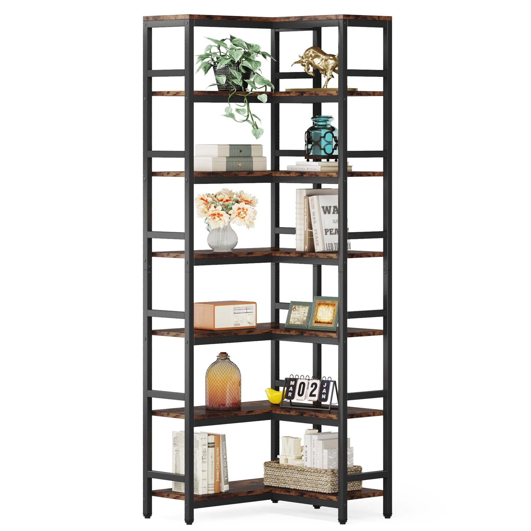 Industrial Corner Bookcase with 7 Shelves and Black Metal Frame for Living Room — 71" Tall