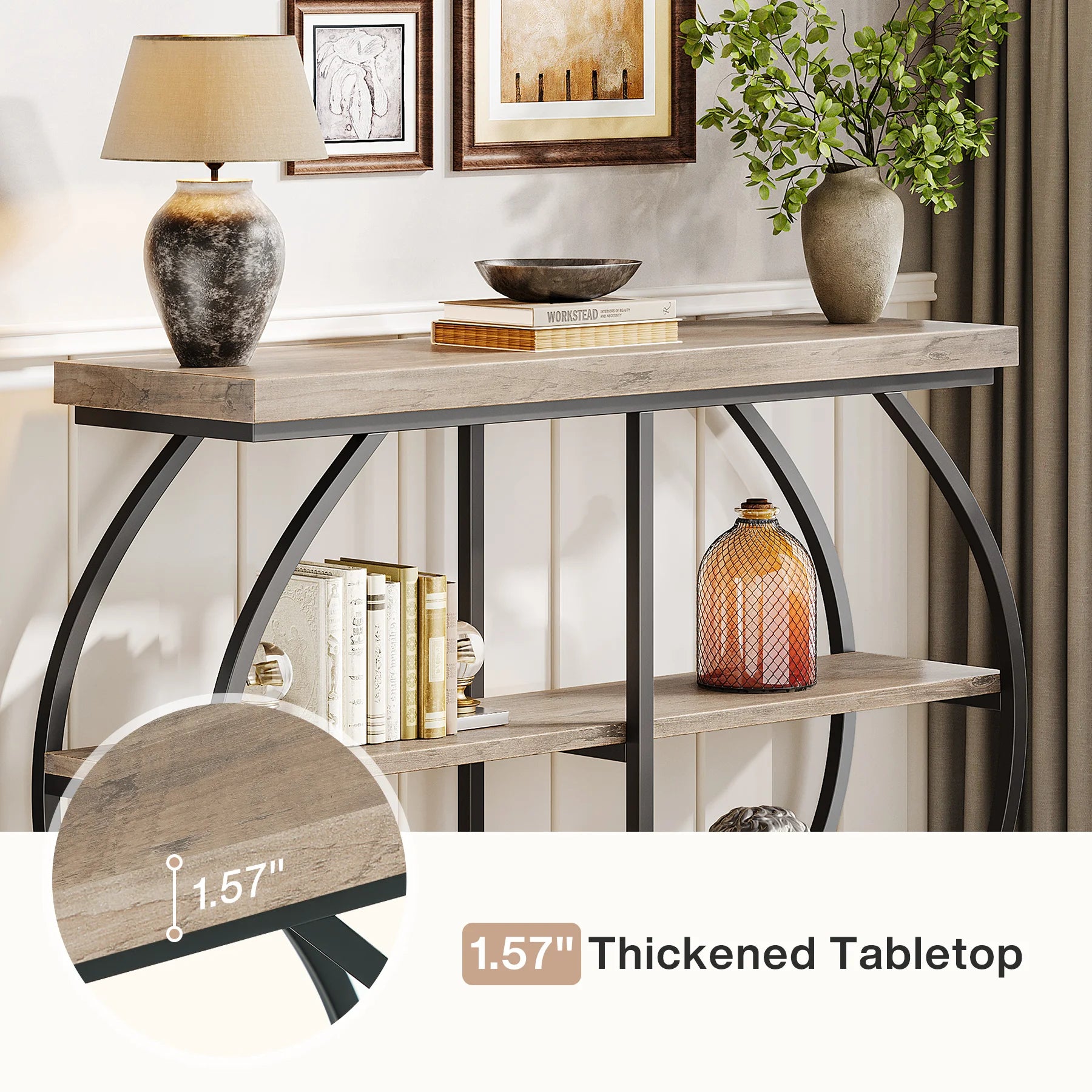 Rustic Industrial Console Table with Arched Metal Frame and 3 Storage Shelves for Entryway — 41 in