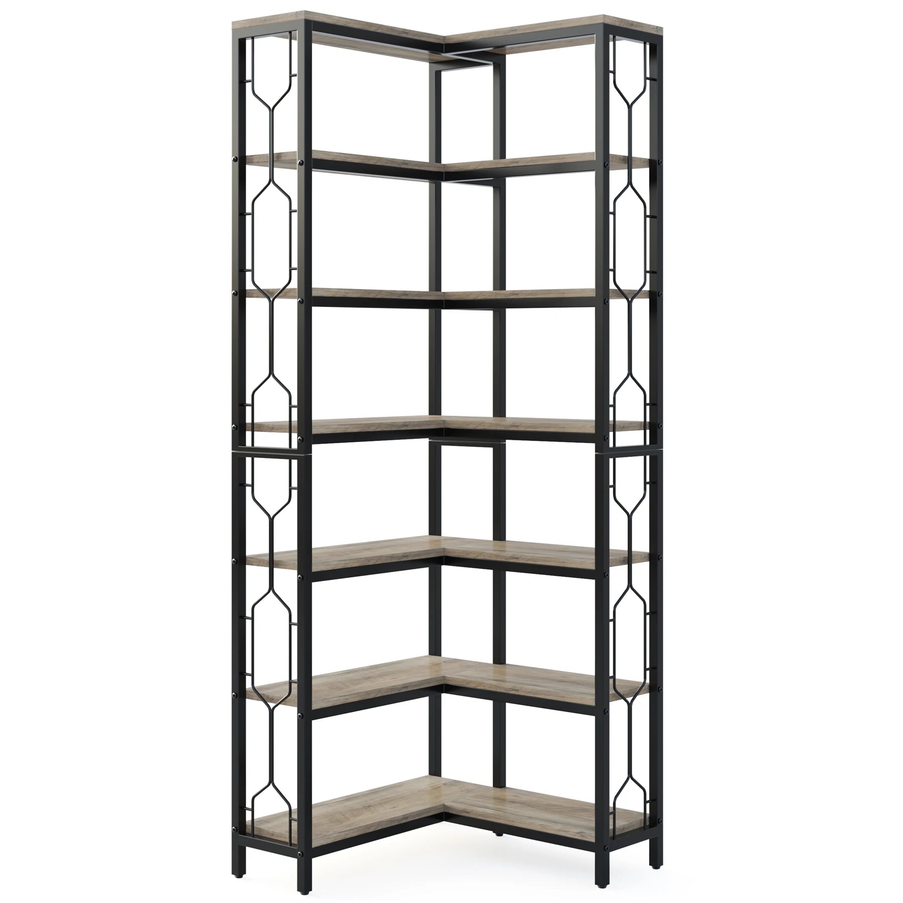 Industrial Corner Bookcase with 7 Shelves and Black Metal Frame for Living Room — 71" Tall