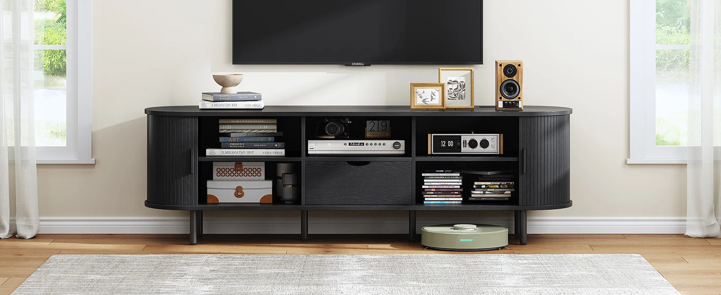 Mid-Century TV Stand for 80" TV — Fluted Walnut Media Console with Storage & Sliding Doors