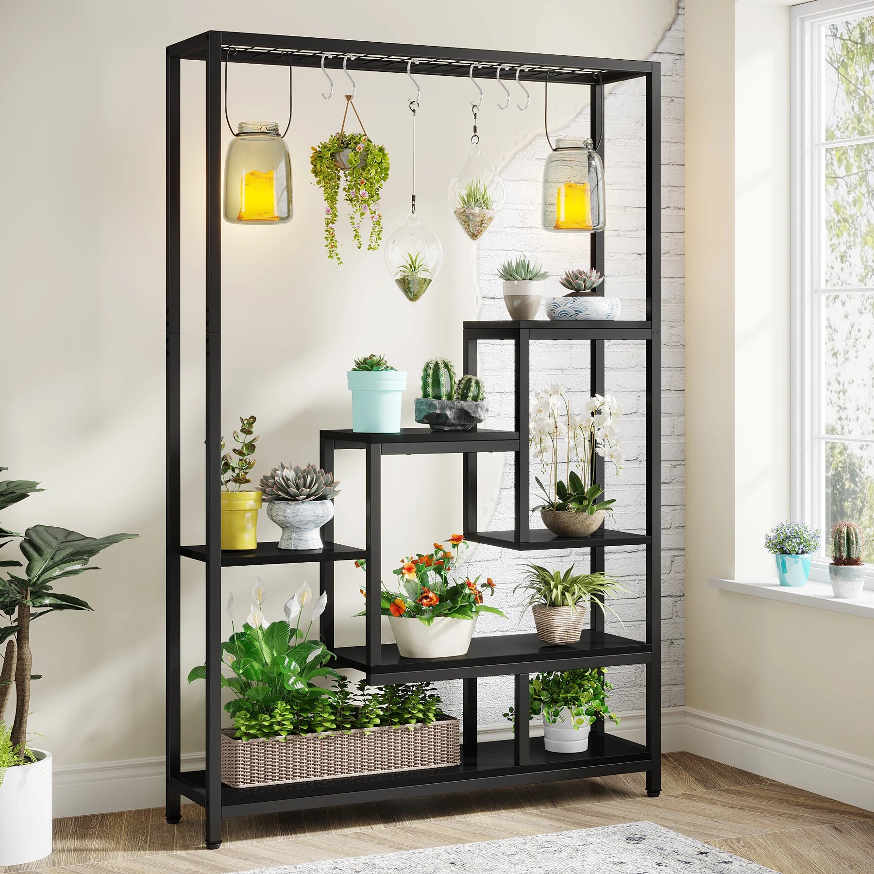Industrial Metal Plant Stand with Hanging Hooks for Living Room — 5-Tier, 70.9in Tall