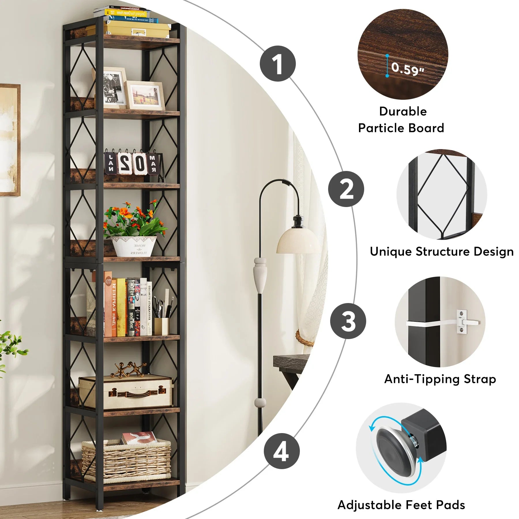 Industrial Narrow Bookshelf with 7 Tiers for Small Spaces — 78.7in Tall