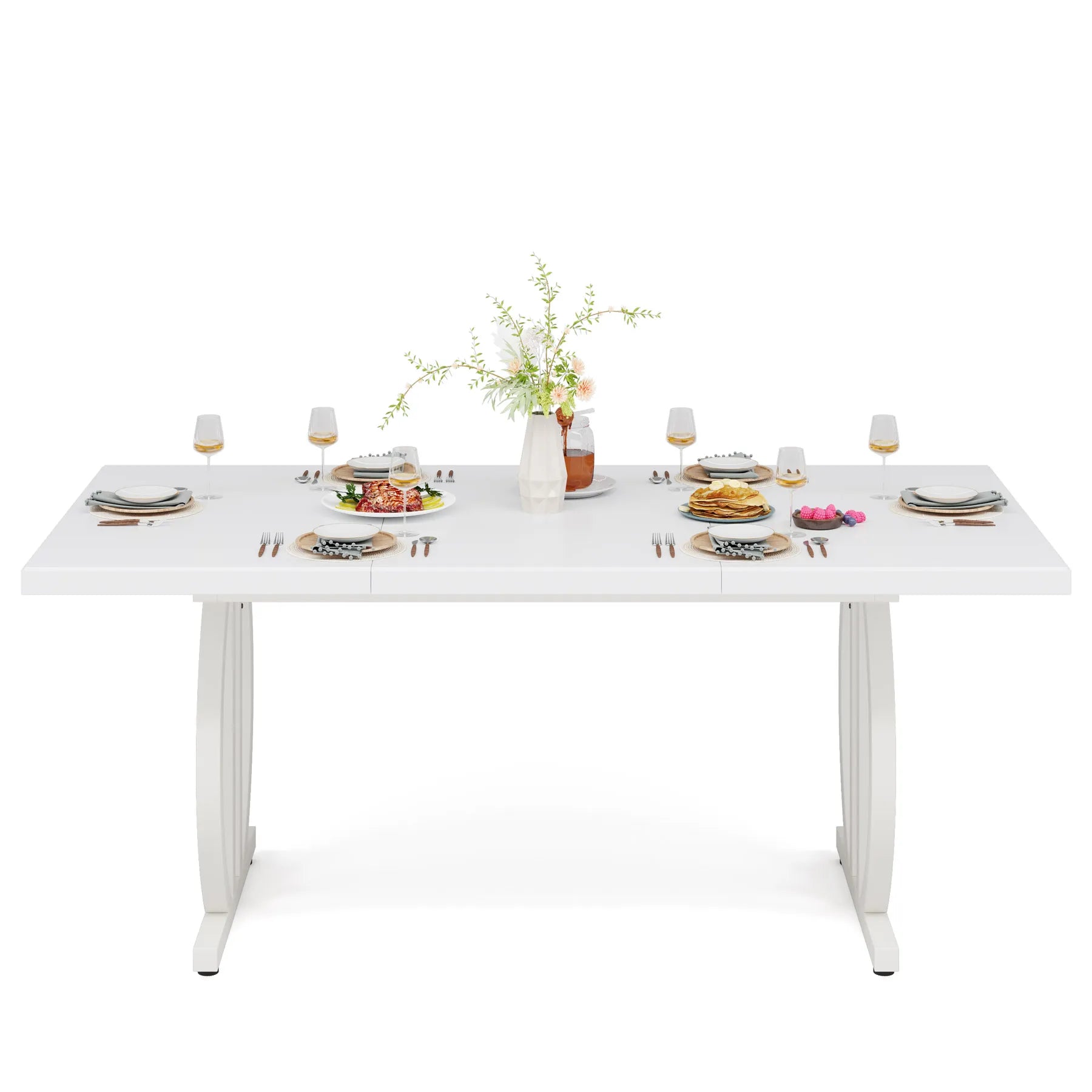 Modern Black 63" Dining Table with Curved Metal Pedestal Base for Kitchen — Seats 6