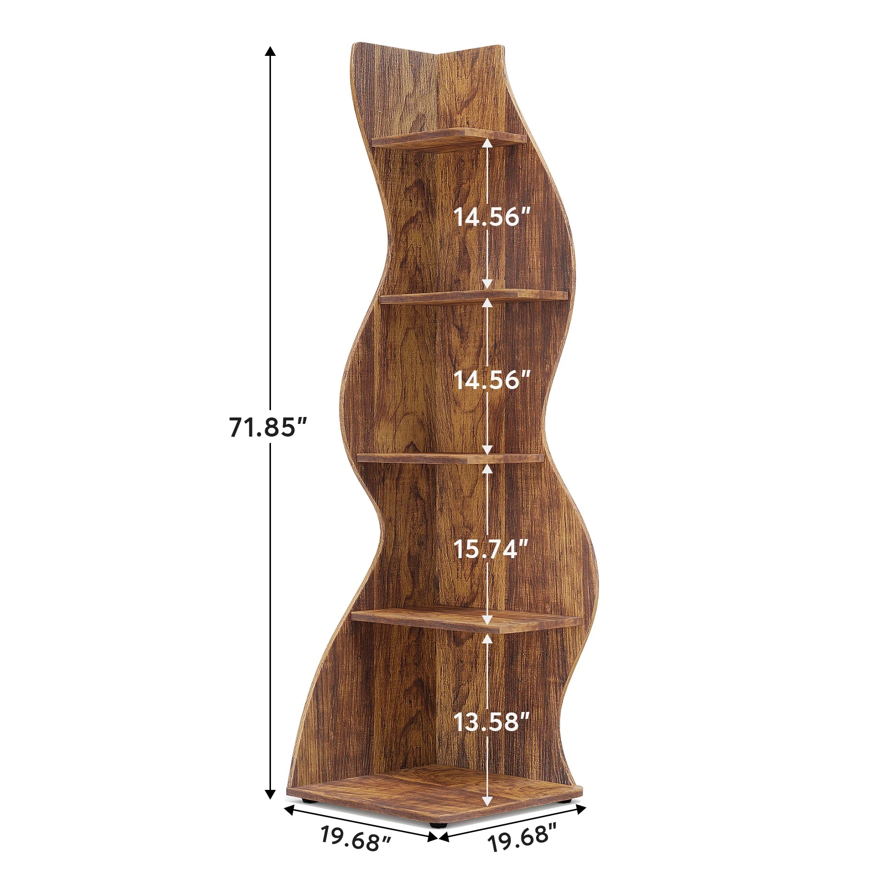White Wave 5-Tier Corner Bookshelf with Curved Silhouette for Living Room — 65"H Floor Shelf