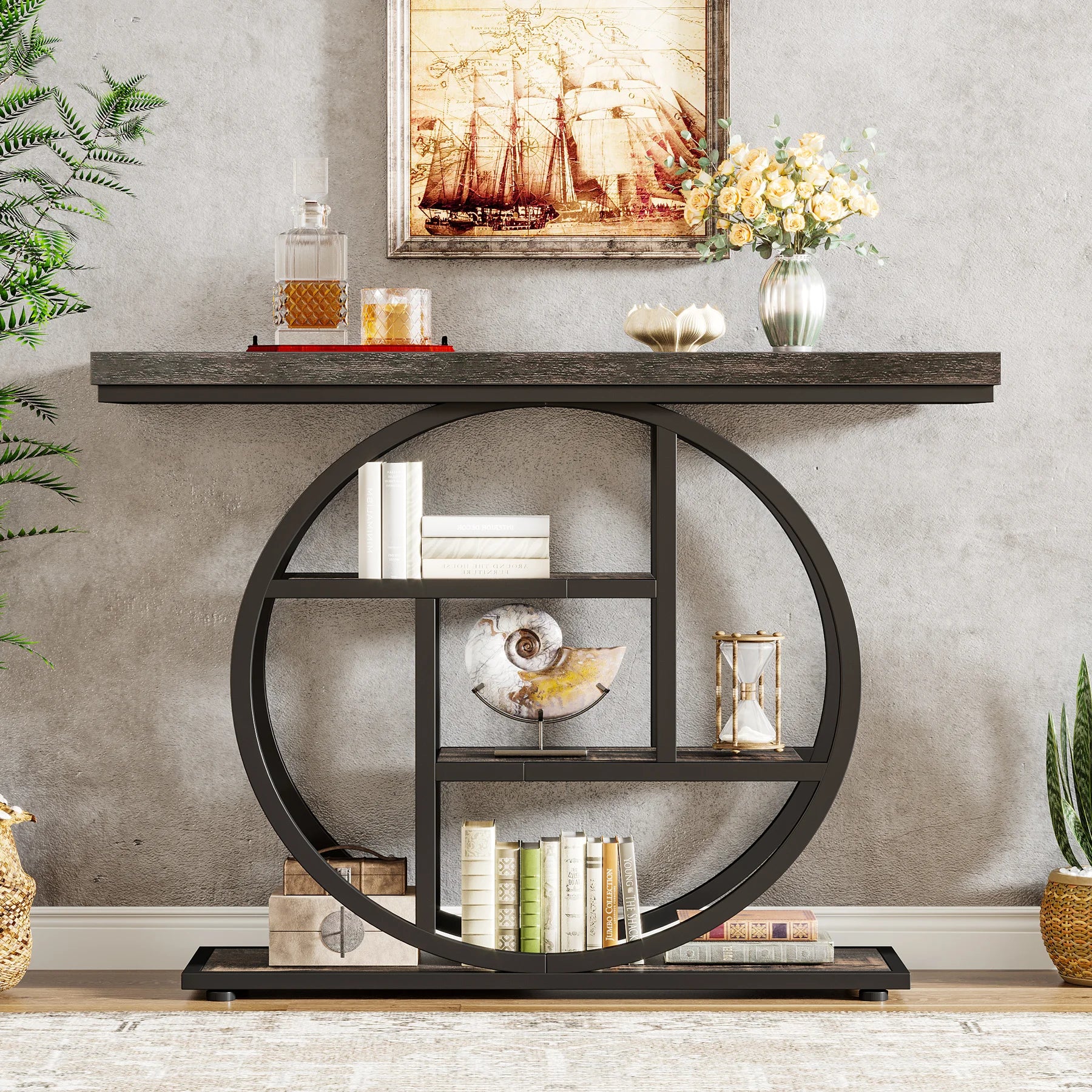 Rustic Wood 4-Tier Console Table with Round Metal Frame for Entryway — 41.3in