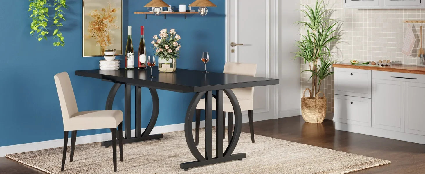 Modern Black 63" Dining Table with Curved Metal Pedestal Base for Kitchen — Seats 6