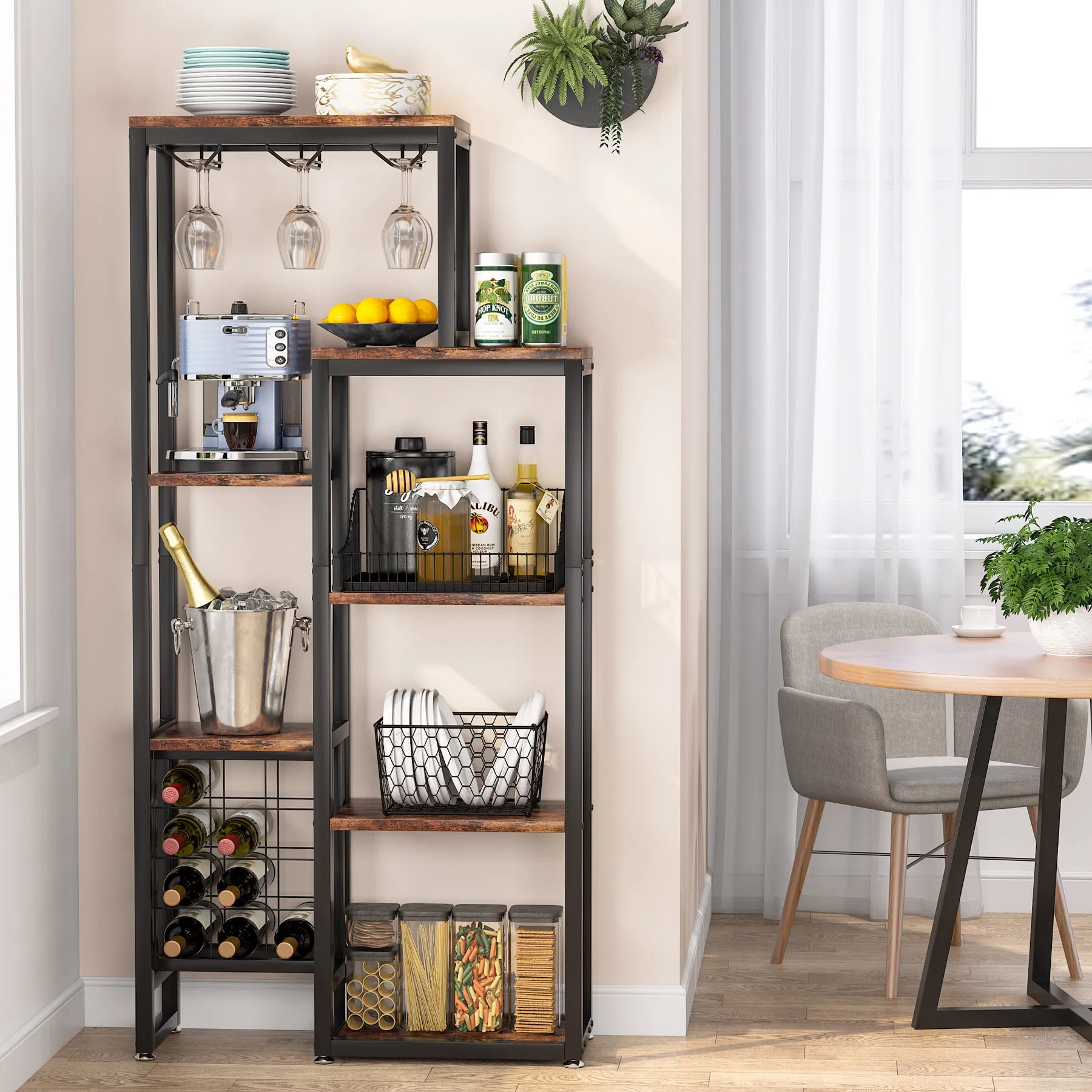 Industrial Wine Bakers Rack, 20-Bottle Freestanding Wine Rack with Glass Holder & Storage Shelves