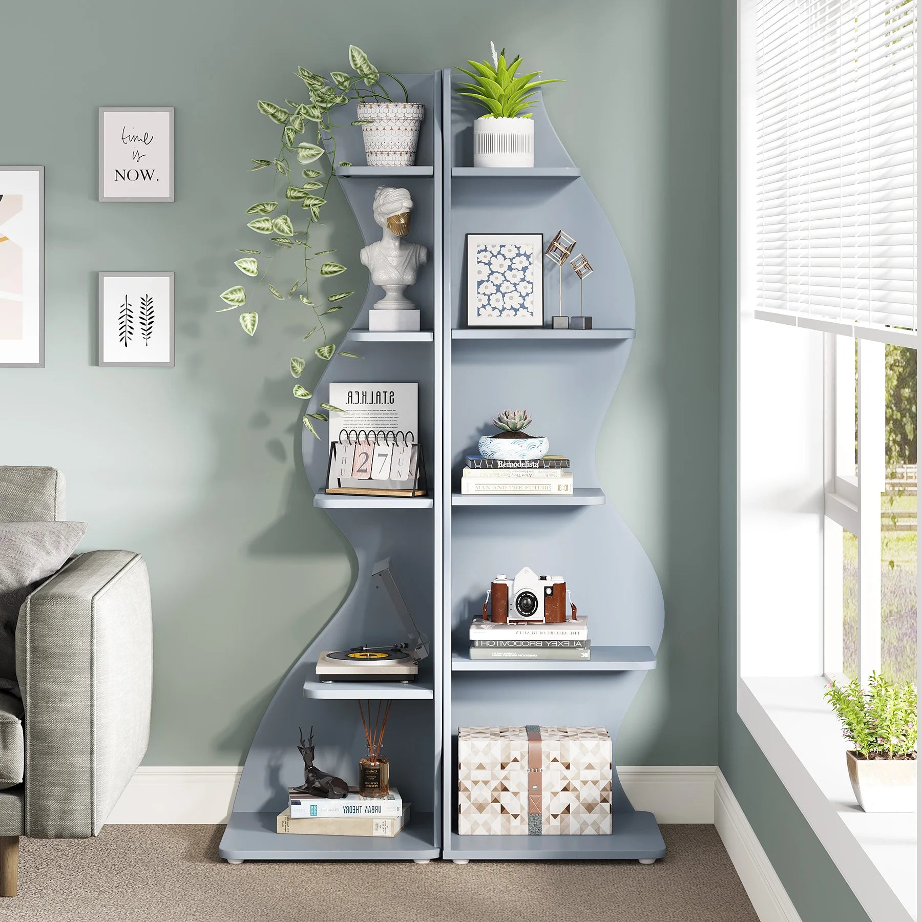 White Wave 5-Tier Corner Bookshelf with Curved Silhouette for Living Room — 65"H Floor Shelf