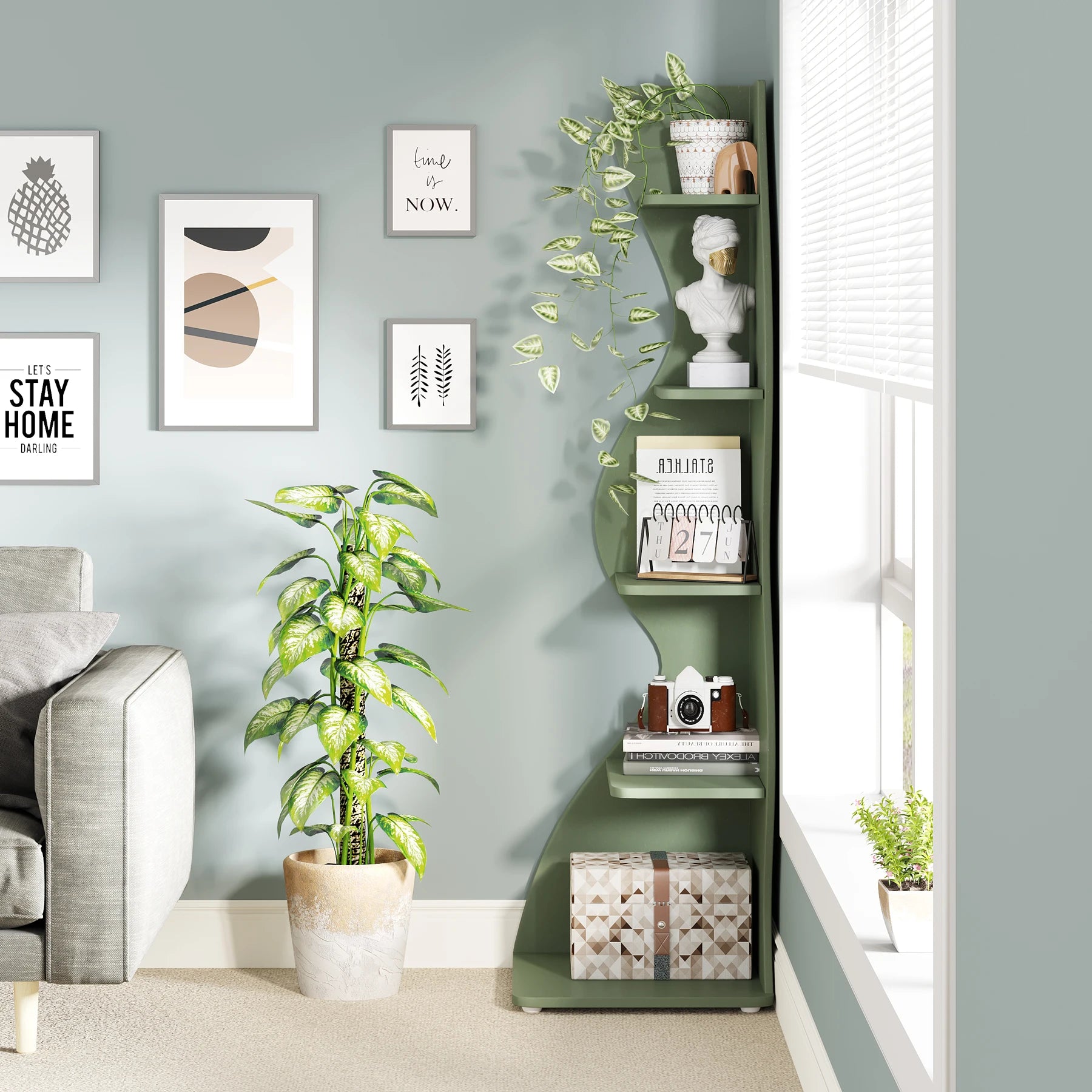 White Wave 5-Tier Corner Bookshelf with Curved Silhouette for Living Room — 65"H Floor Shelf