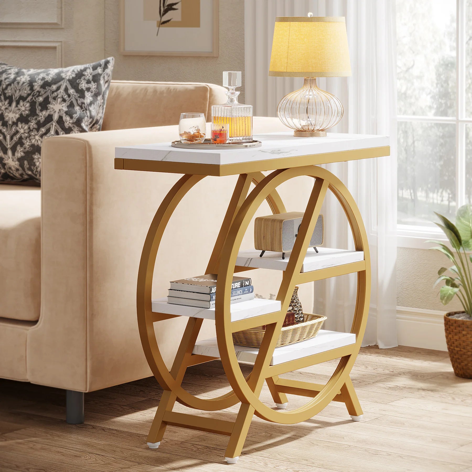 Rustic Wood 3-Tier Side Table with Round Metal Frame for Living Room — Narrow