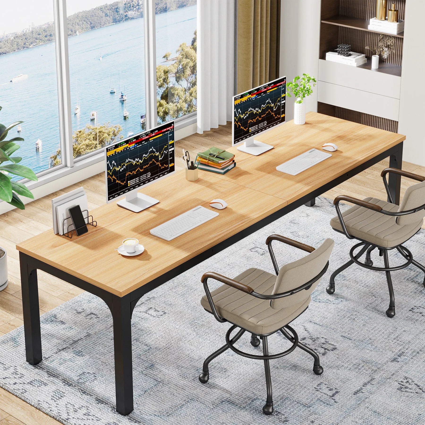 Industrial Wood Computer Desk with Steel Frame for Two-Person Home Office — 78.7"