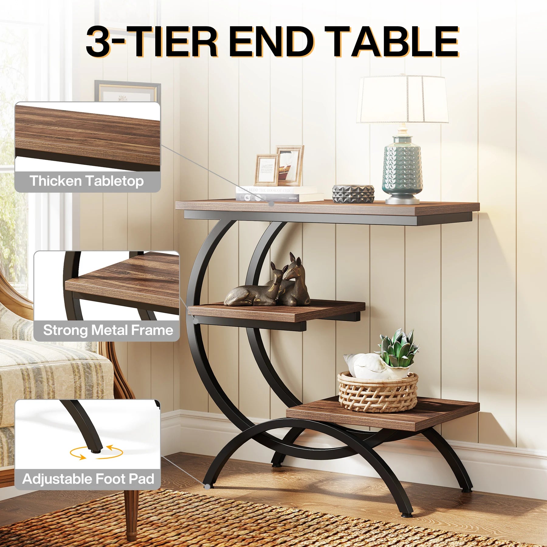 Industrial 3-Tier Side Table with Curved Metal Frame for Living Room — Rustic Brown Wood