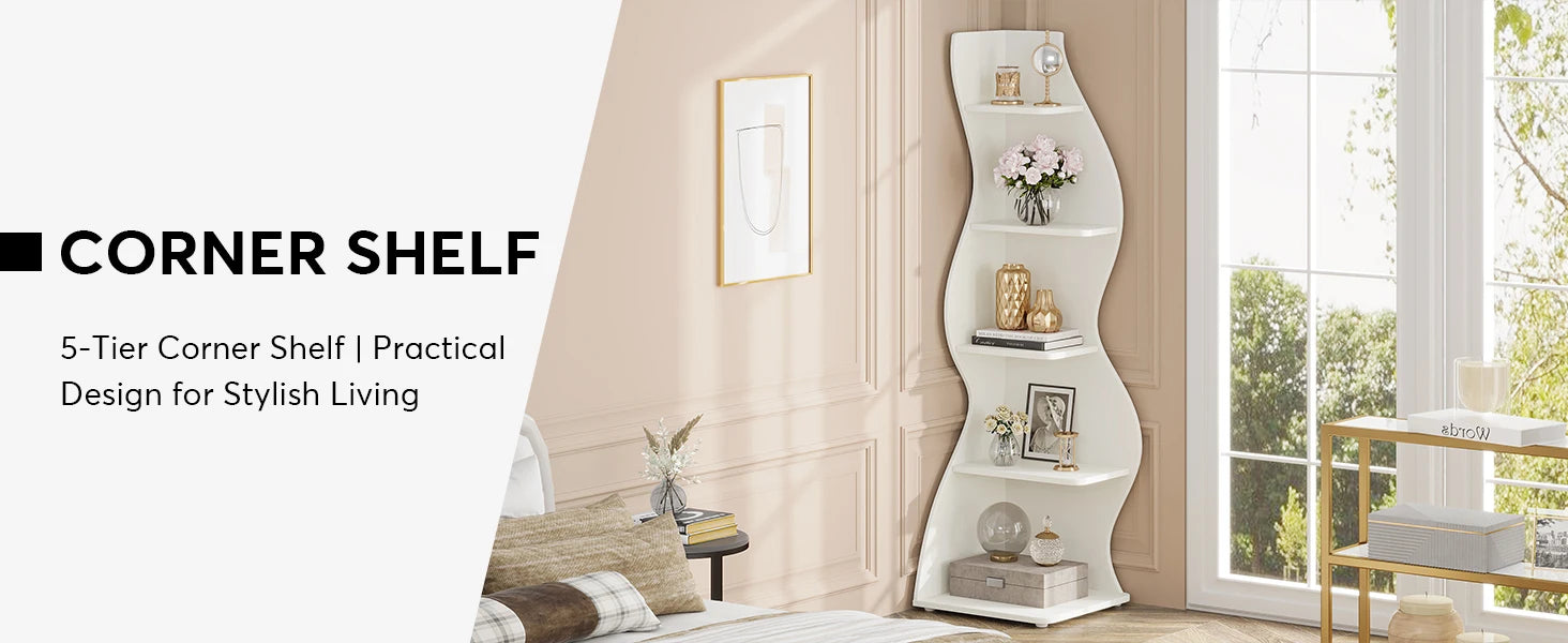 White Wave 5-Tier Corner Bookshelf with Curved Silhouette for Living Room — 65"H Floor Shelf
