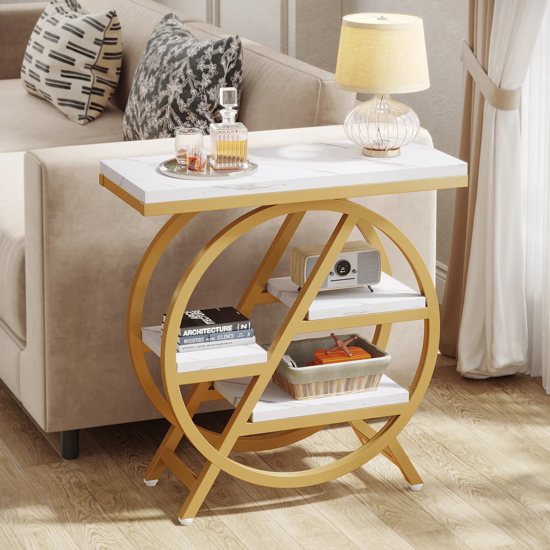 Rustic Wood 3-Tier Side Table with Round Metal Frame for Living Room — Narrow
