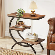 Industrial 3-Tier Side Table with Curved Metal Frame for Living Room — Rustic Brown Wood