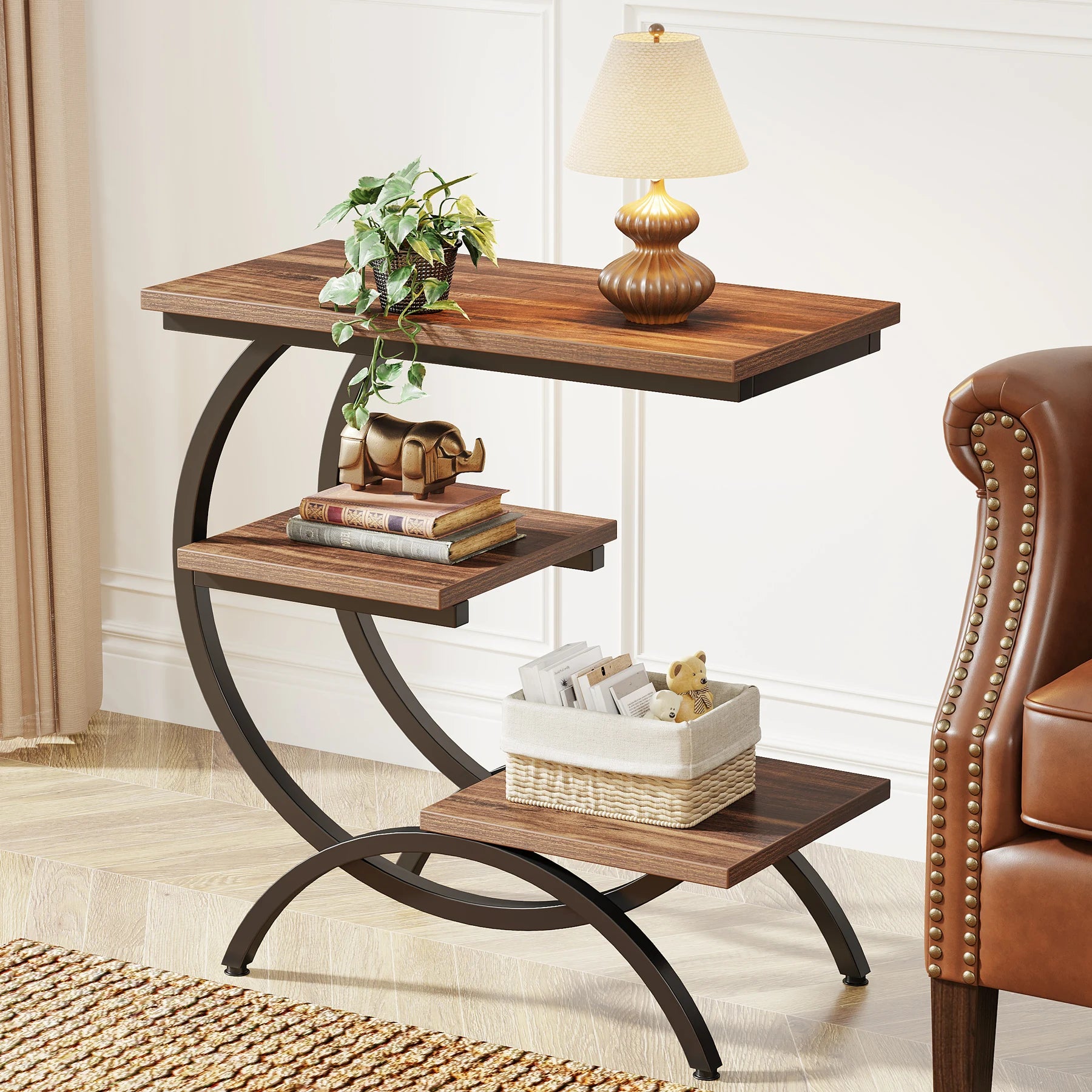 Industrial 3-Tier Side Table with Curved Metal Frame for Living Room — Rustic Brown Wood