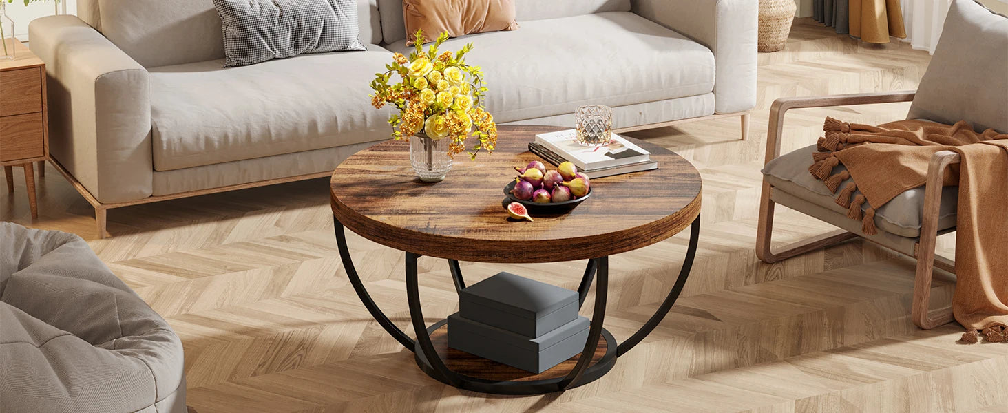 Round Industrial Coffee Table with Storage Shelf for Living Room — 31.7" Oak