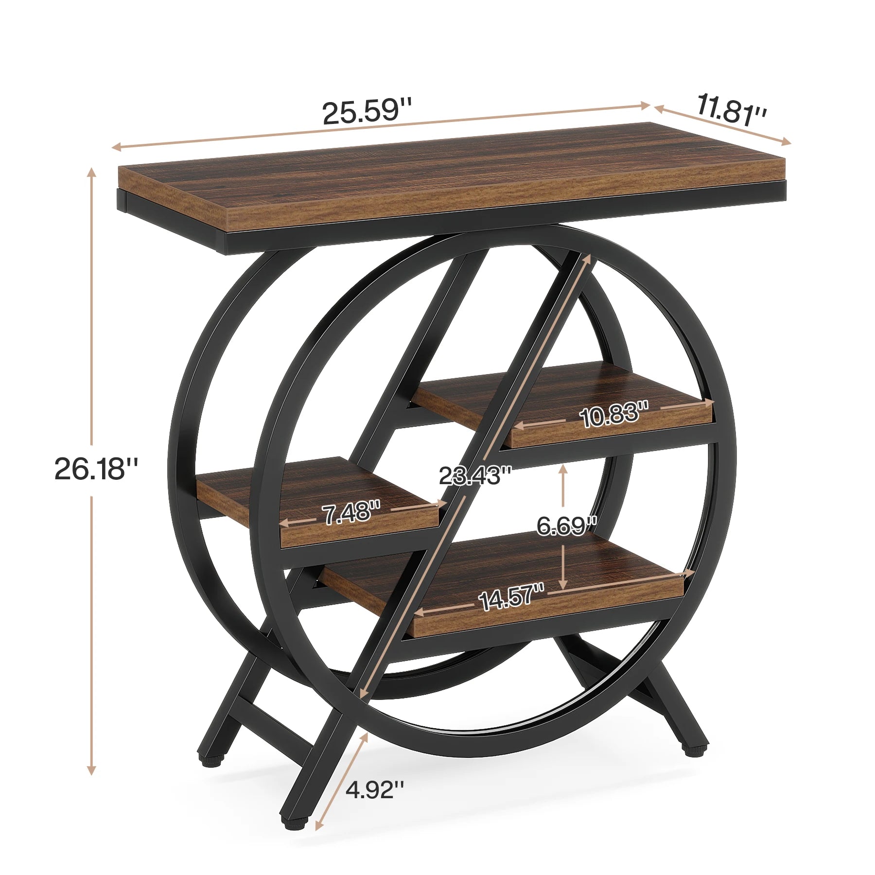 Rustic Wood 3-Tier Side Table with Round Metal Frame for Living Room — Narrow