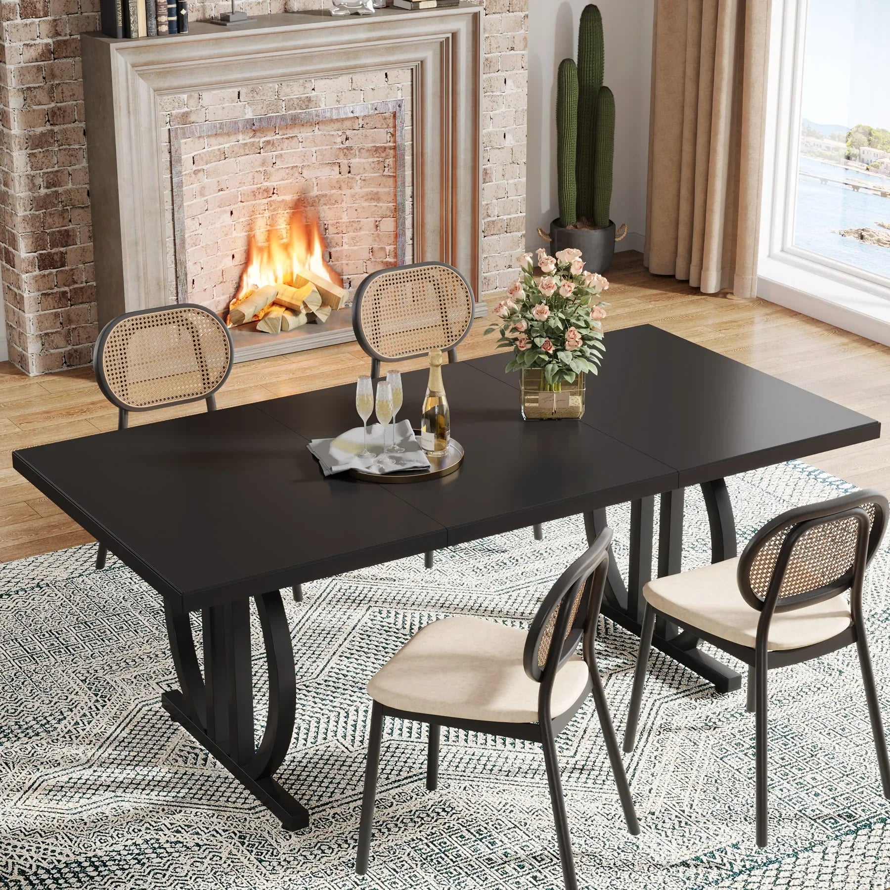 Modern Black 63" Dining Table with Curved Metal Pedestal Base for Kitchen — Seats 6