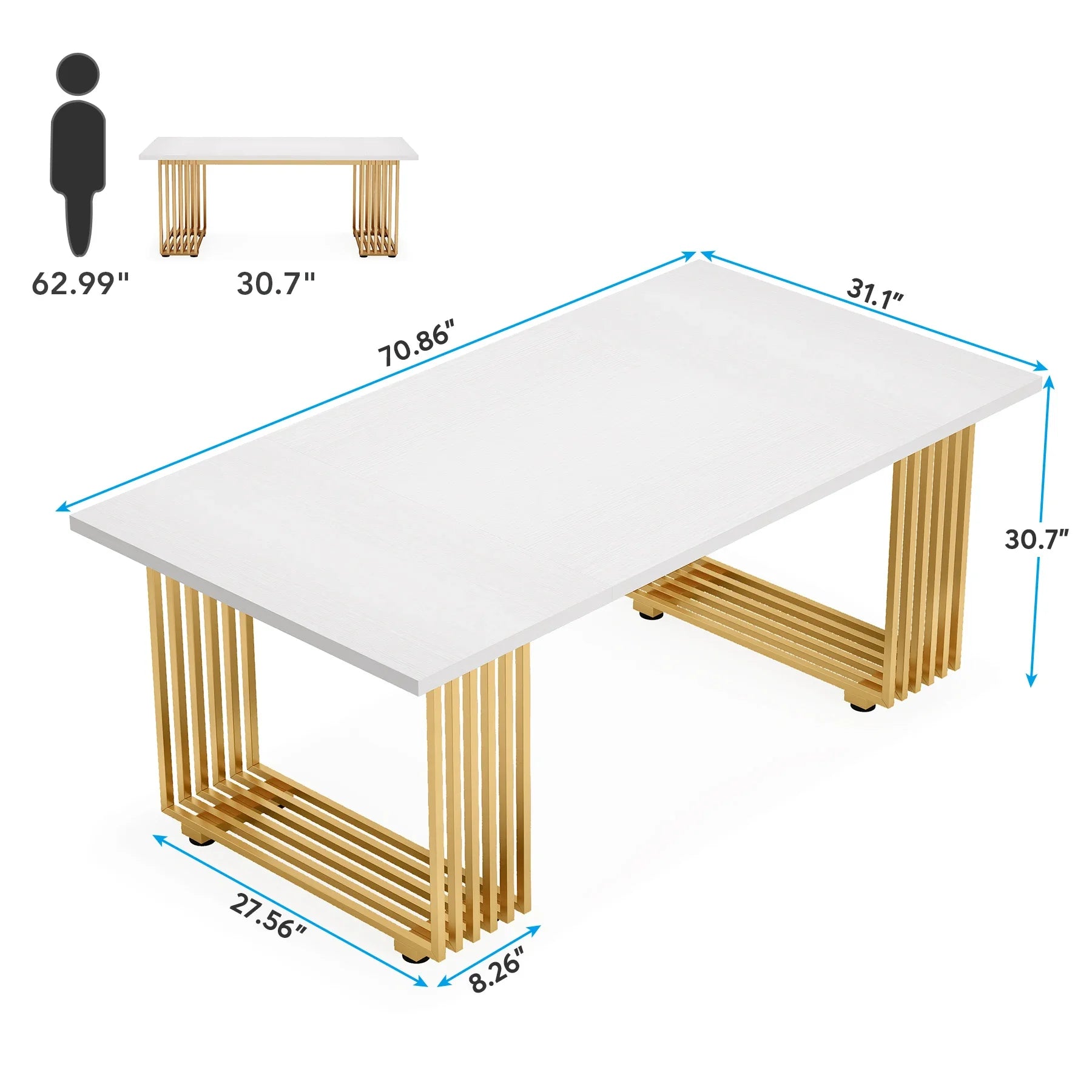 White Executive Desk with Gold Metal Legs for Home Office — 70.9"